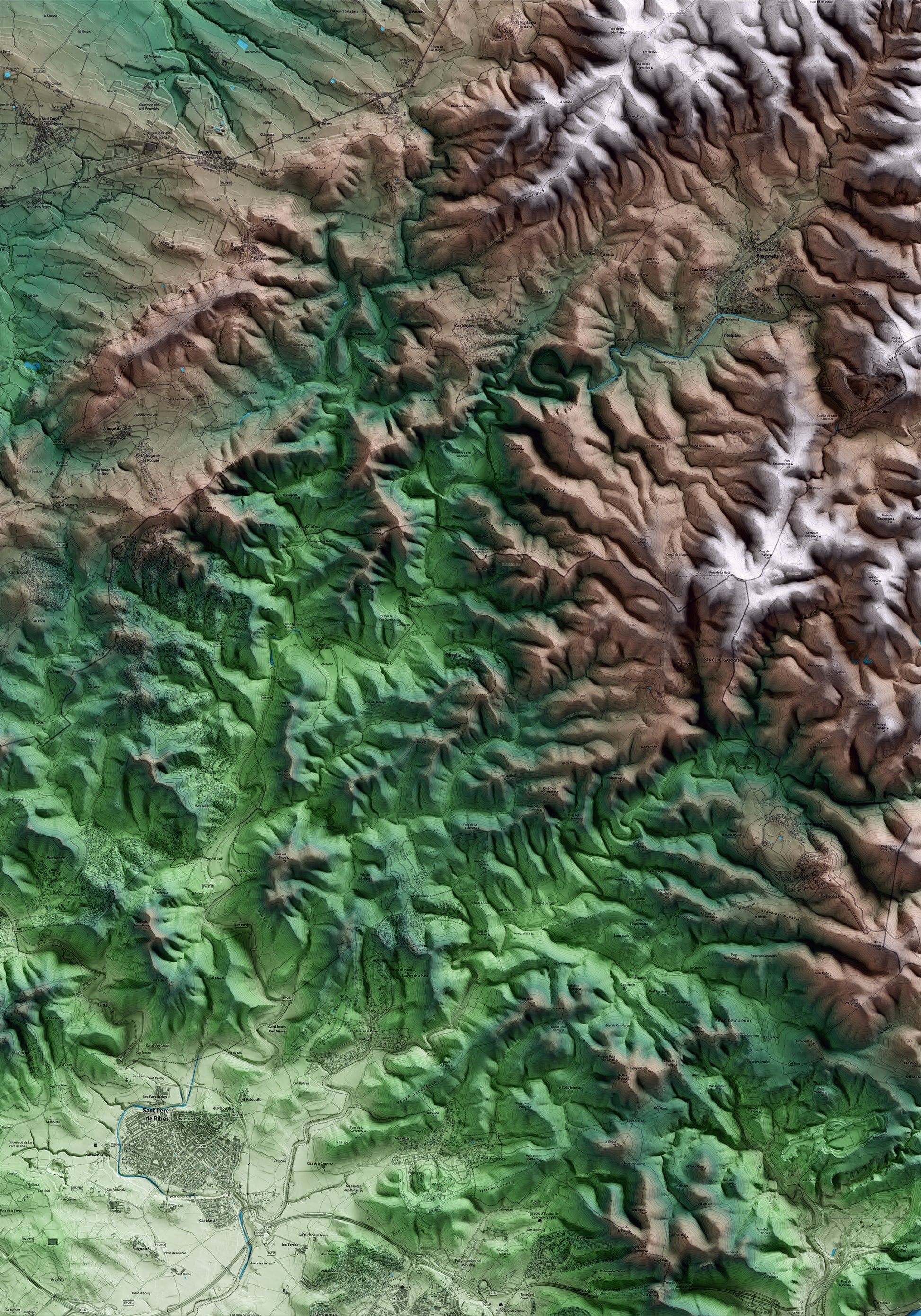 Mapa artístico del relieve de Olivella, al Garraf, con 15 km de entorno y base topográfica ICGC