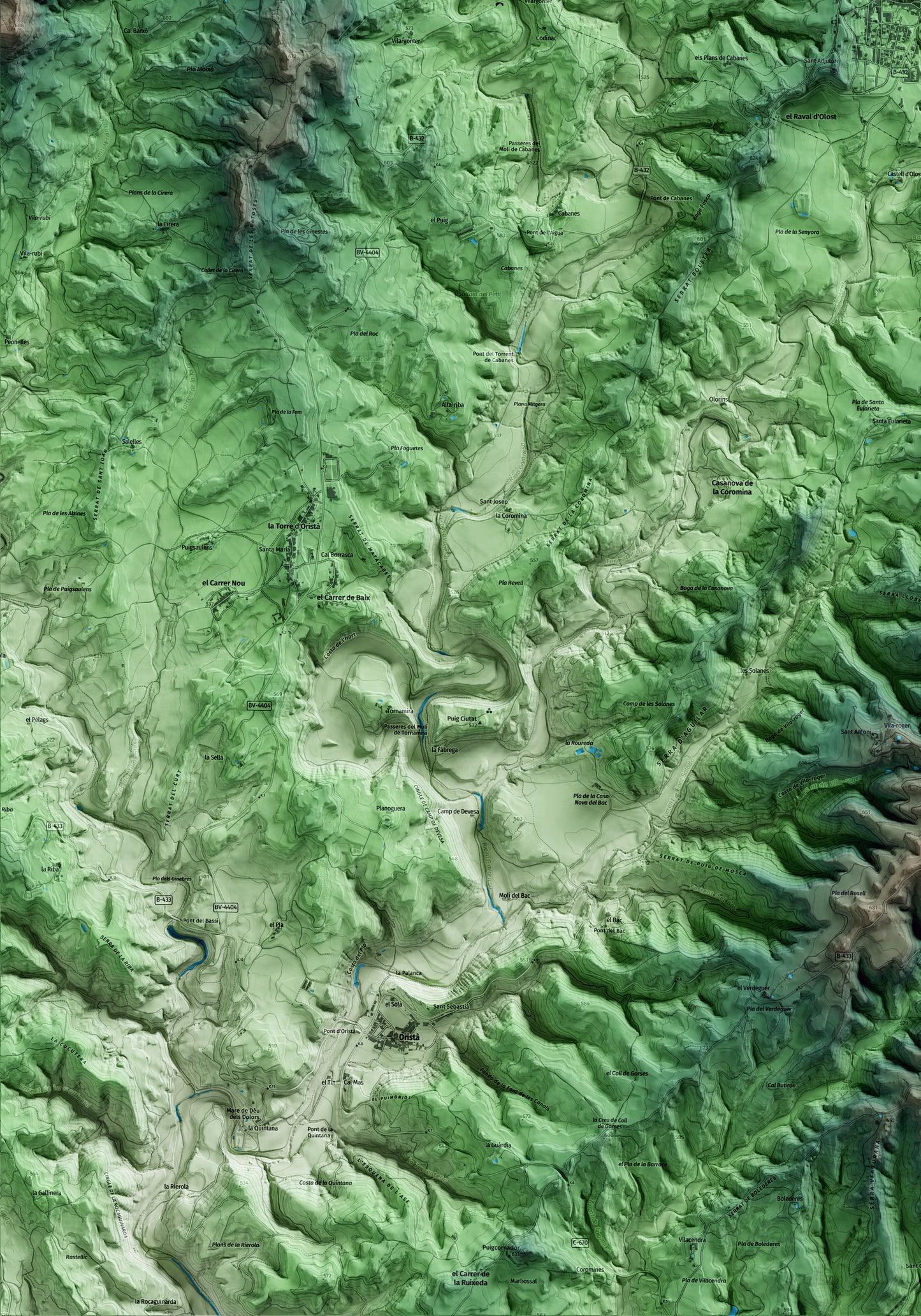 Mapa artístico del relieve de Olost, al Lluçanès, con 15 km de entorno y base topográfica ICGC. Detalle de la zona inferior izquierda.