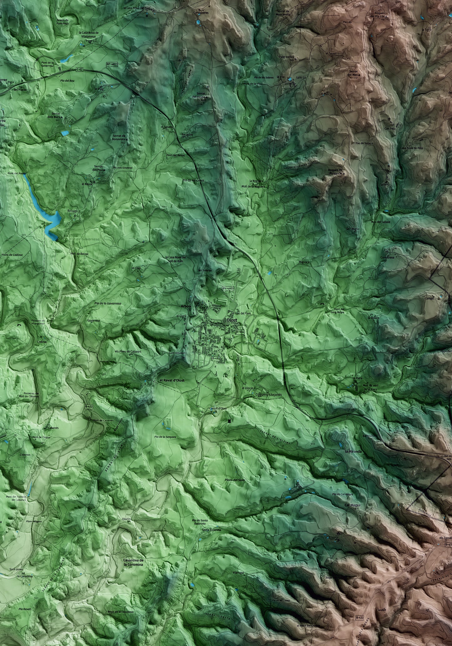 Mapa artístico del relieve de Olost, al Lluçanès, con 15 km de entorno y base topográfica ICGC. Detalle de la zona central.