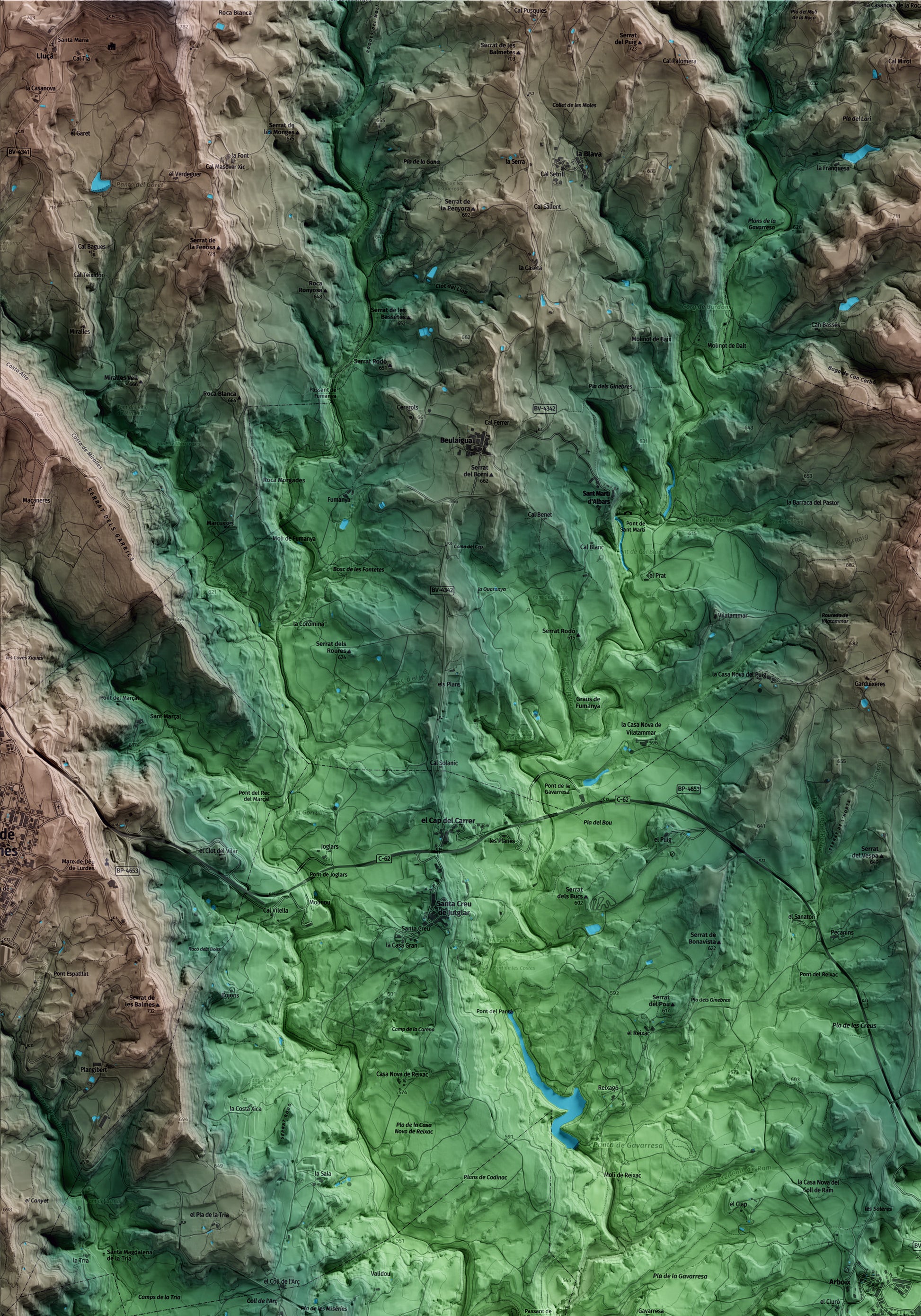 Mapa artístico del relieve de Olost, al Lluçanès, con 15 km de entorno y base topográfica ICGC. Detalle de la zona superior izquierda.