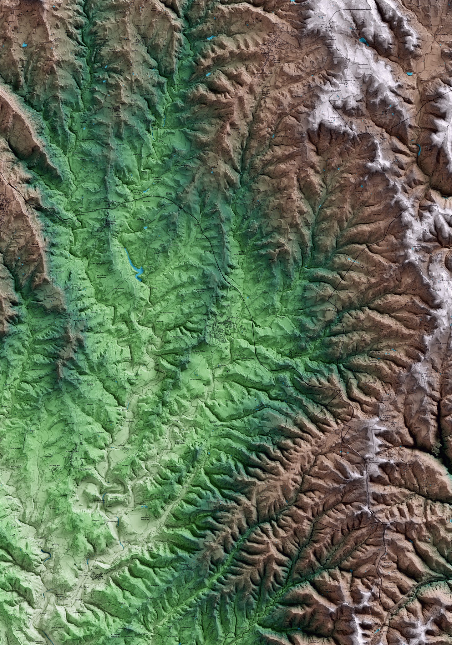 Mapa artístico del relieve de Olost, al Lluçanès, con 15 km de entorno y base topográfica ICGC