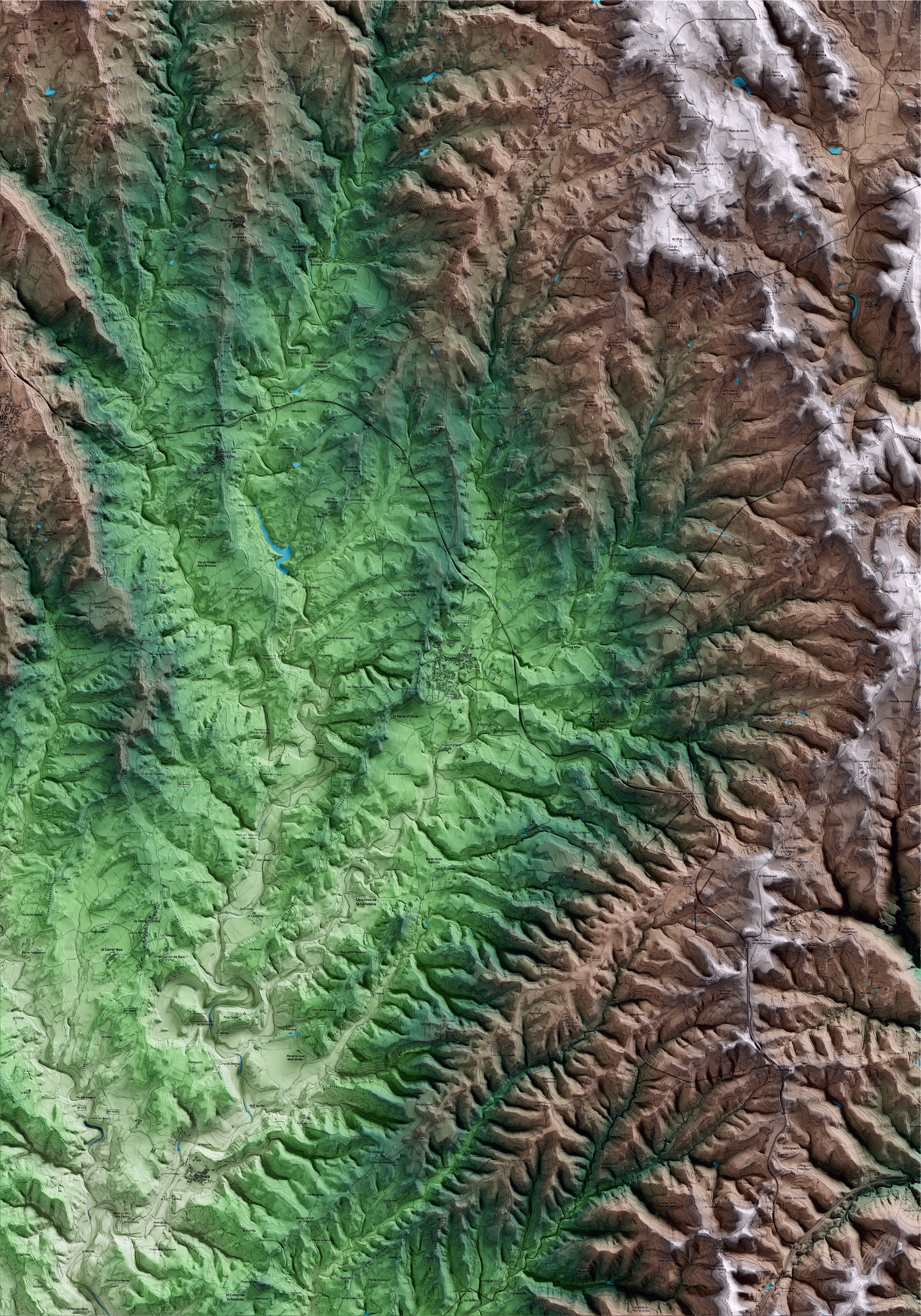 Mapa artístico del relieve de Olost, al Lluçanès, con 15 km de entorno y base topográfica ICGC