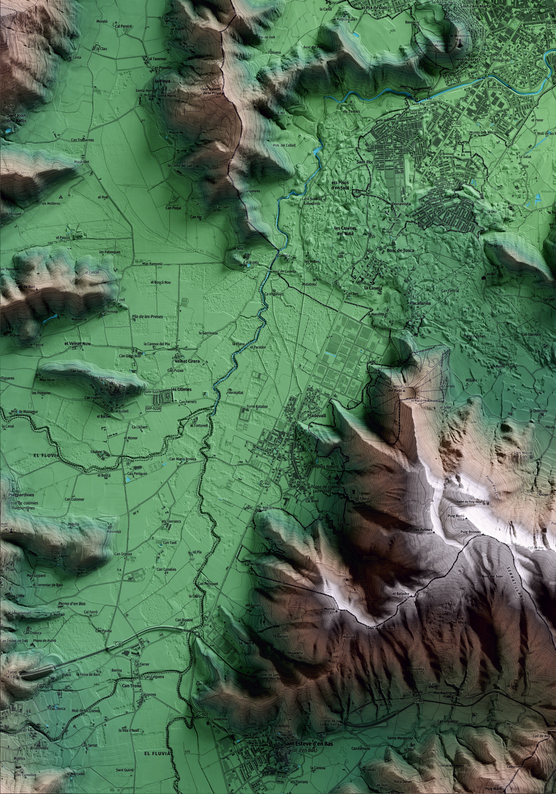 Mapa artístico del relieve de Olot, a la Garrotxa, con 15 km de entorno y base topográfica ICGC. Detalle de la zona inferior izquierda.