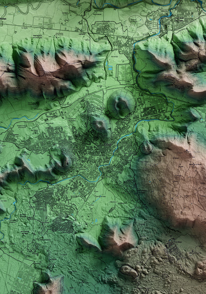 Mapa artístico del relieve de Olot, a la Garrotxa, con 15 km de entorno y base topográfica ICGC. Detalle de la zona central.