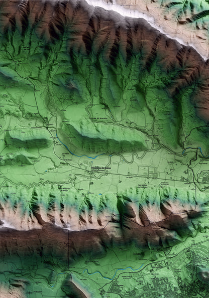 Mapa artístico del relieve de Olot, a la Garrotxa, con 15 km de entorno y base topográfica ICGC. Detalle de la zona superior izquierda.
