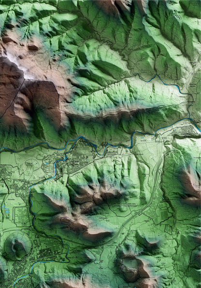 Mapa artístico del relieve de Olot, a la Garrotxa, con 15 km de entorno y base topográfica ICGC. Detalle de la zona superior derecha.