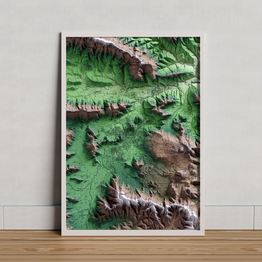 Mapa artístico del relieve de Olot, a la Garrotxa, con 15 km de entorno y base topográfica ICGC. Presentación enmarcada.