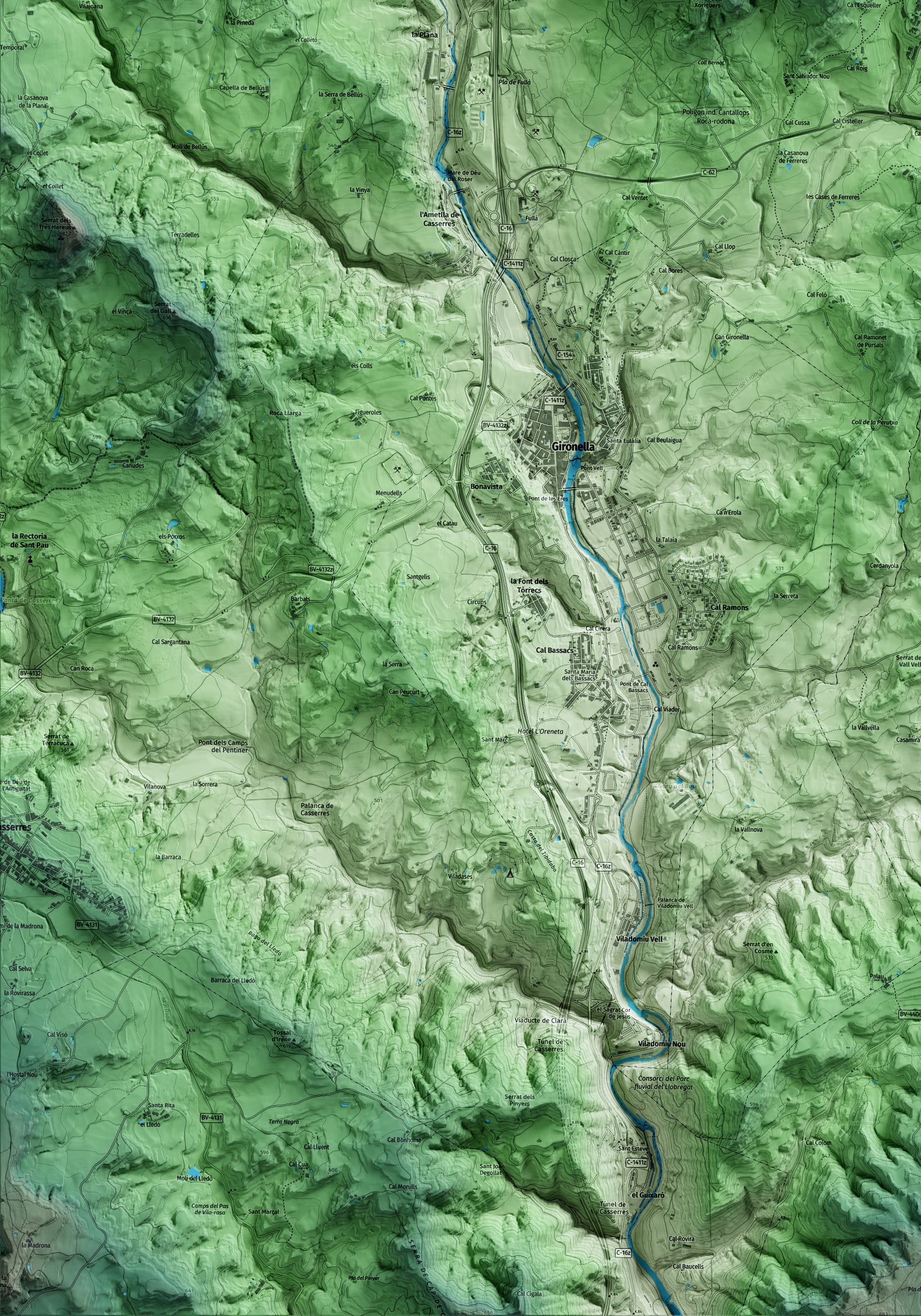 Mapa artístico del relieve de Olvan, al Berguedà, con 15 km de entorno y base topográfica ICGC. Detalle de la zona inferior izquierda.