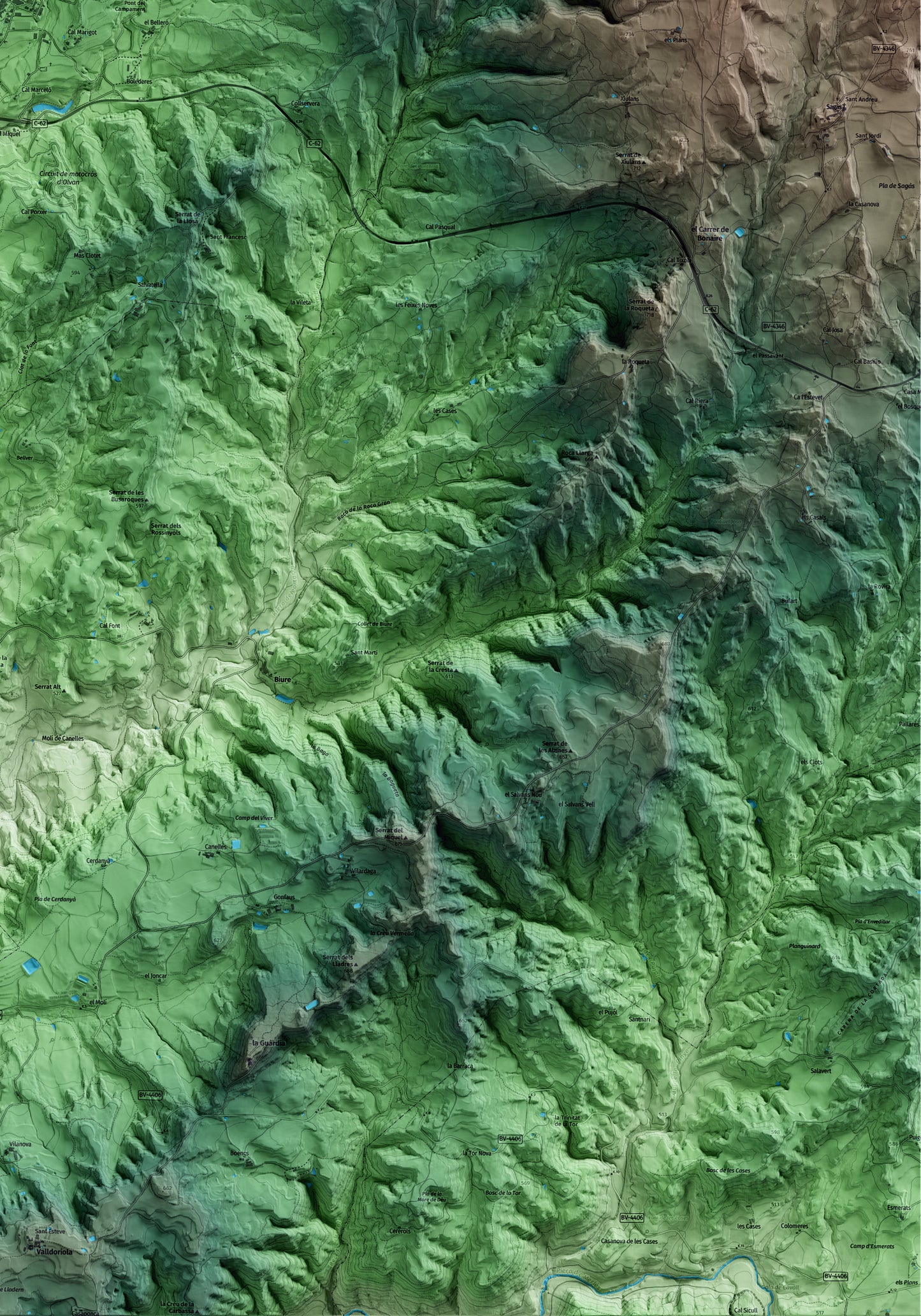 Mapa artístico del relieve de Olvan, al Berguedà, con 15 km de entorno y base topográfica ICGC. Detalle de la zona inferior derecha.