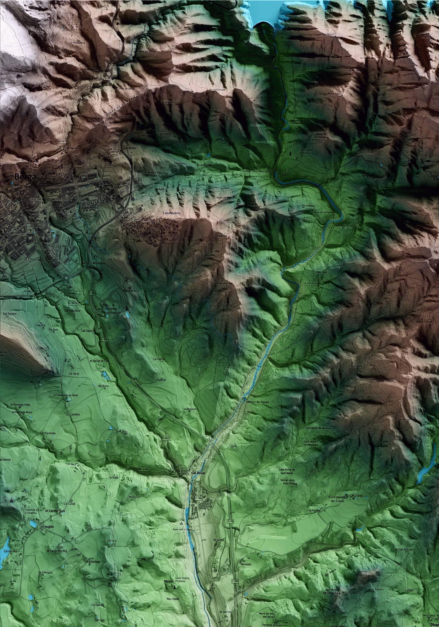 Mapa artístico del relieve de Olvan, al Berguedà, con 15 km de entorno y base topográfica ICGC. Detalle de la zona superior izquierda.