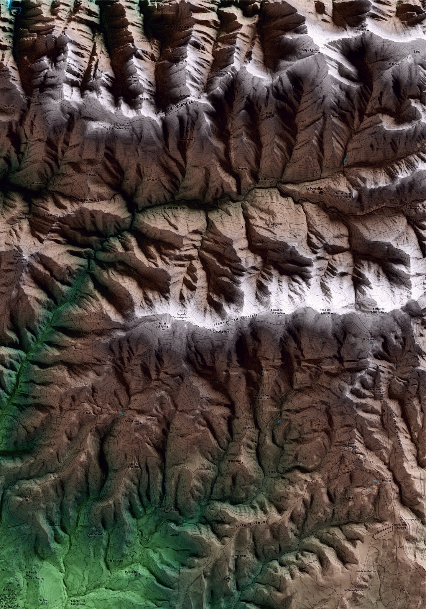 Mapa artístico del relieve de Olvan, al Berguedà, con 15 km de entorno y base topográfica ICGC. Detalle de la zona superior derecha.