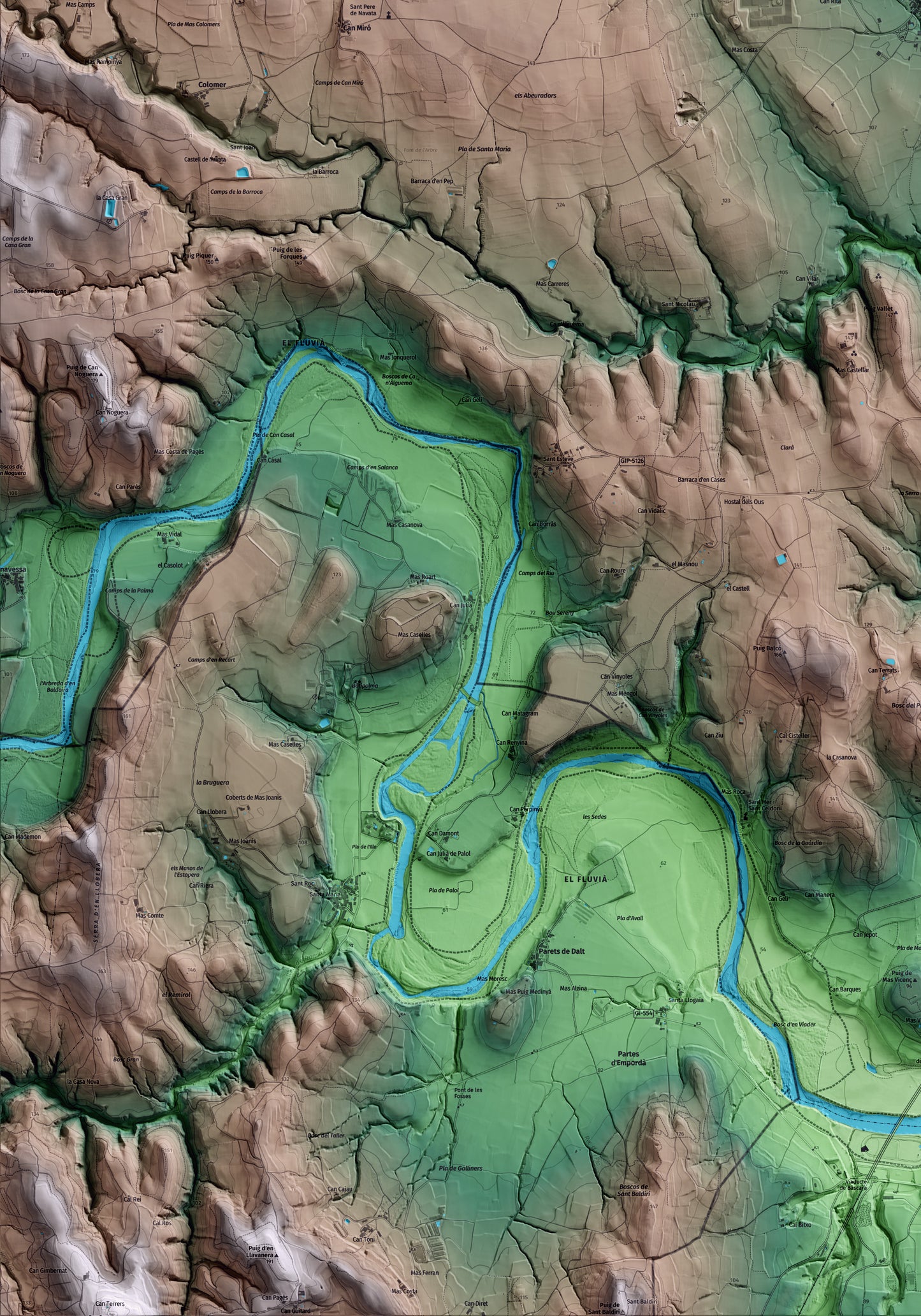 Mapa artístico del relieve de Ordis, al Alt Empordà, con 15 km de entorno y base topográfica ICGC. Detalle de la zona inferior izquierda.
