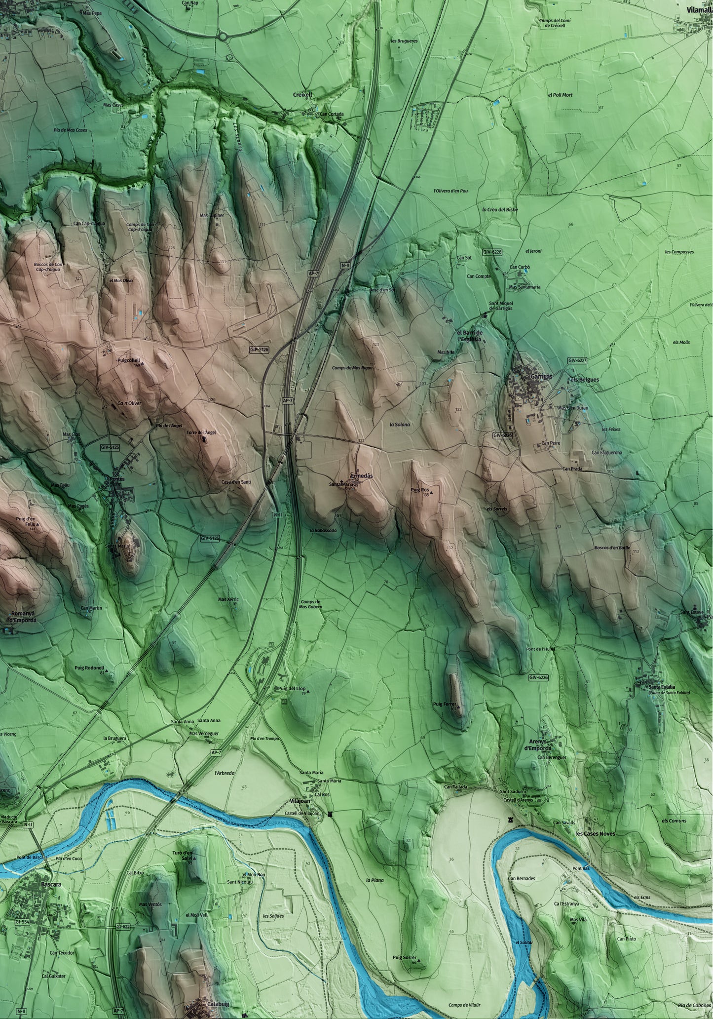 Mapa artístico del relieve de Ordis, al Alt Empordà, con 15 km de entorno y base topográfica ICGC. Detalle de la zona inferior derecha.