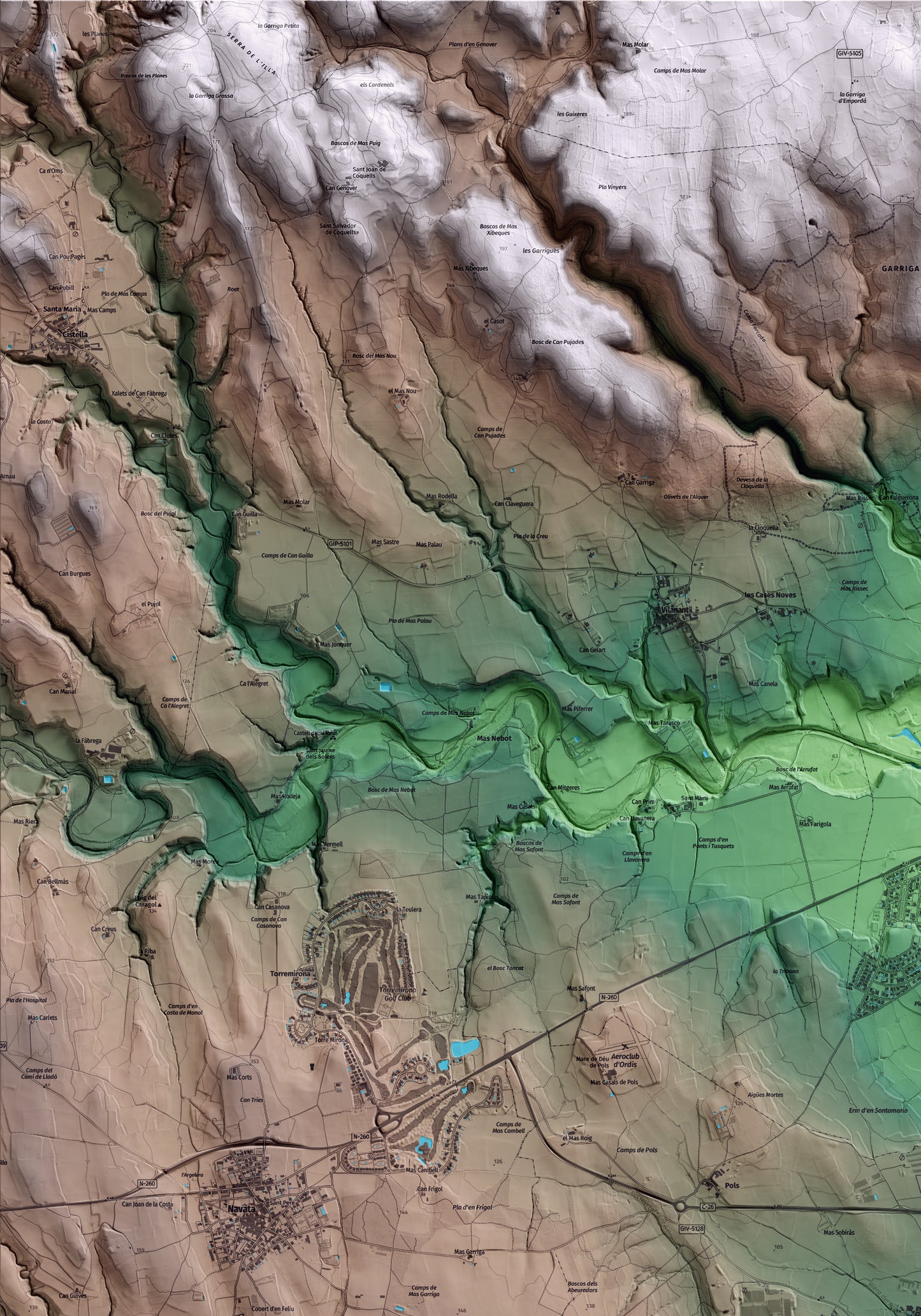 Mapa artístico del relieve de Ordis, al Alt Empordà, con 15 km de entorno y base topográfica ICGC. Detalle de la zona superior izquierda.