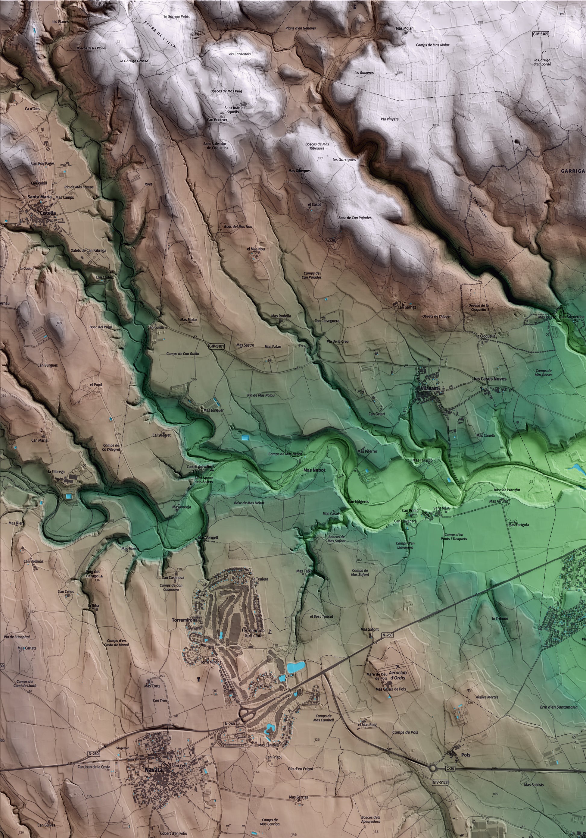 Mapa artístico del relieve de Ordis, al Alt Empordà, con 15 km de entorno y base topográfica ICGC. Detalle de la zona superior izquierda.