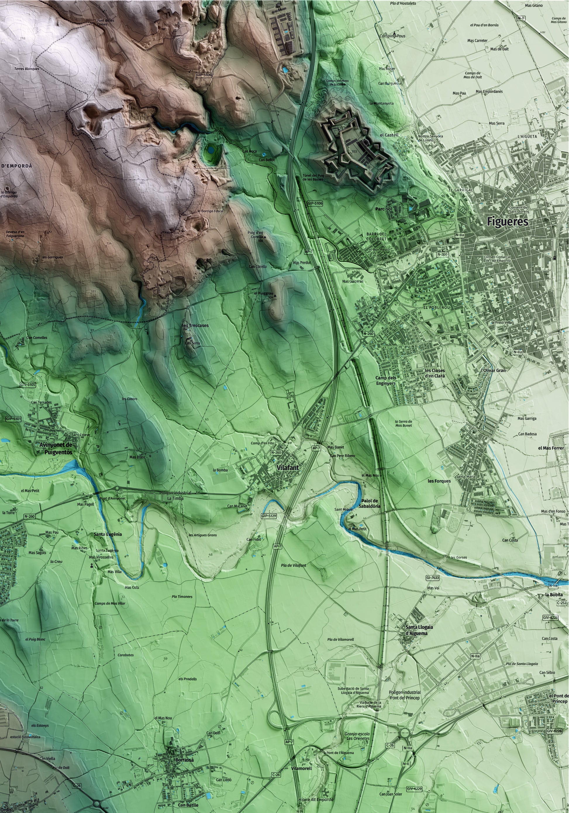 Mapa artístico del relieve de Ordis, al Alt Empordà, con 15 km de entorno y base topográfica ICGC. Detalle de la zona superior derecha.
