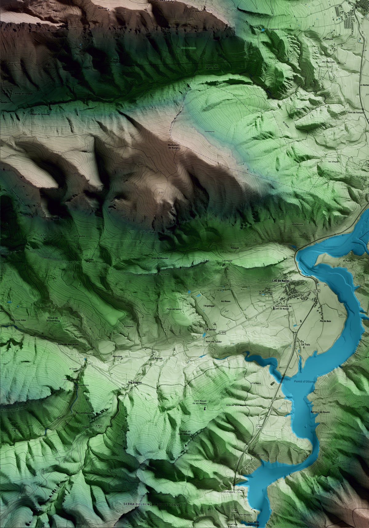 Mapa artístico del relieve de Organyà, al Alt Urgell, con 15 km de entorno y base topográfica ICGC. Detalle de la zona inferior izquierda.