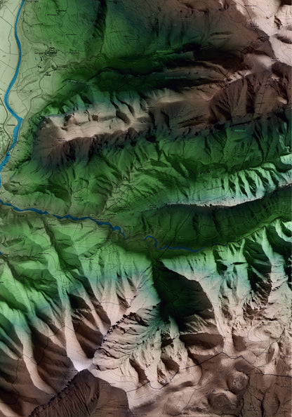 Mapa artístico del relieve de Organyà, al Alt Urgell, con 15 km de entorno y base topográfica ICGC. Detalle de la zona inferior derecha.