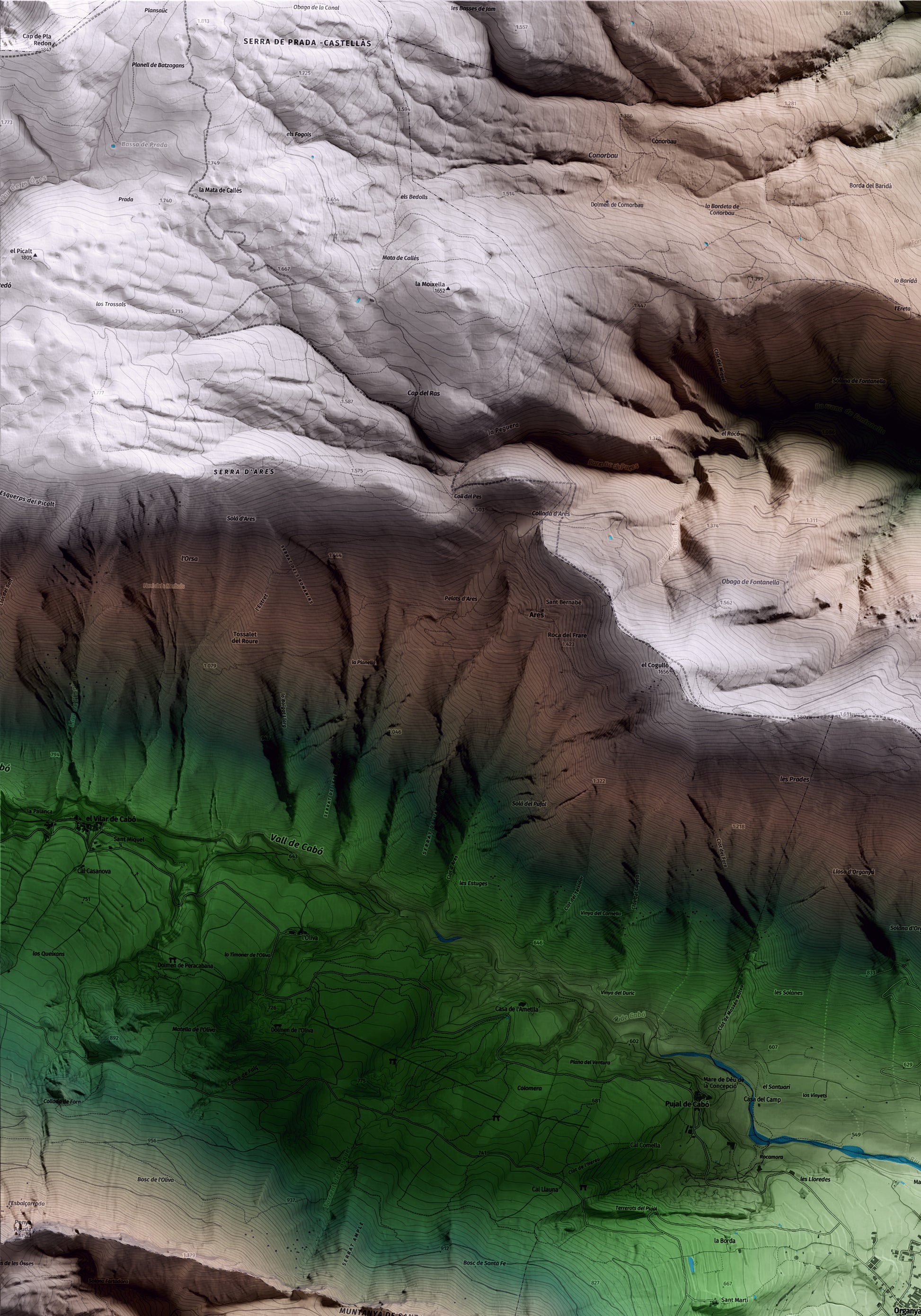 Mapa artístico del relieve de Organyà, al Alt Urgell, con 15 km de entorno y base topográfica ICGC. Detalle de la zona superior izquierda.
