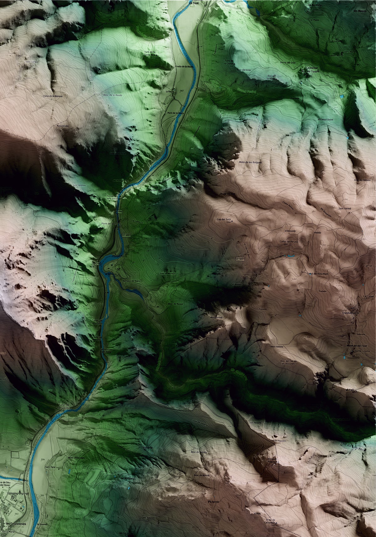 Mapa artístico del relieve de Organyà, al Alt Urgell, con 15 km de entorno y base topográfica ICGC. Detalle de la zona superior derecha.