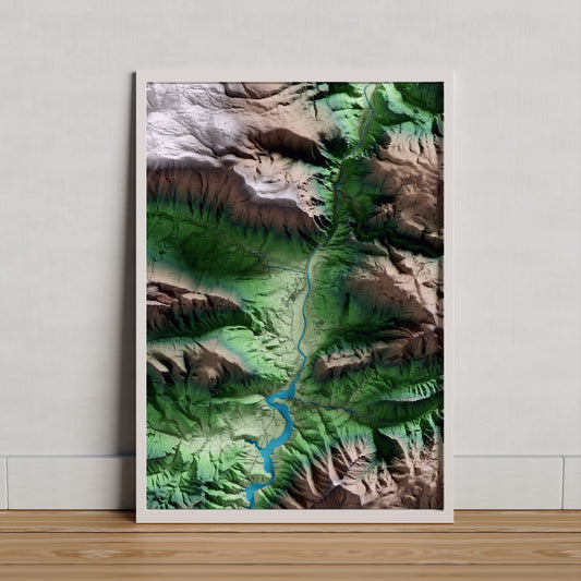Mapa artístico del relieve de Organyà, al Alt Urgell, con 15 km de entorno y base topográfica ICGC. Presentación enmarcada.