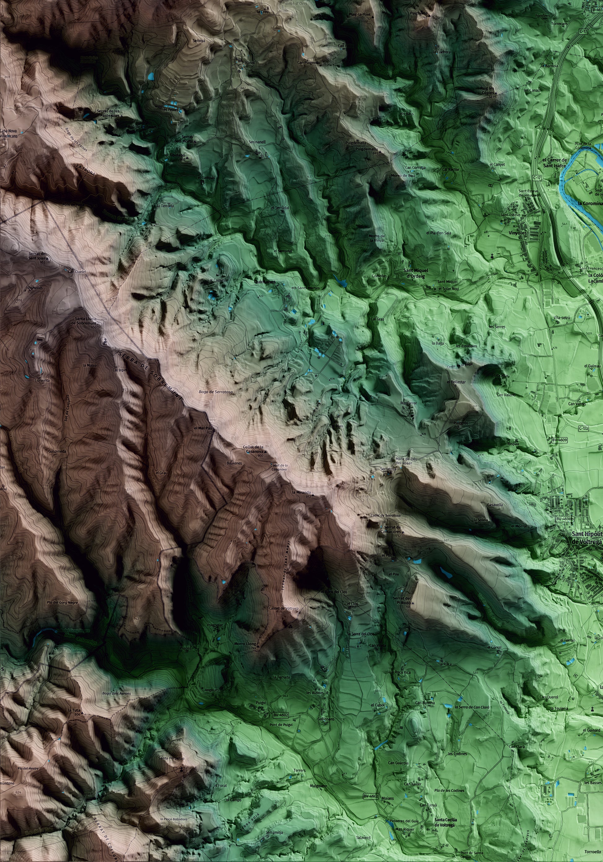 Mapa artístico del relieve de Orís, a Osona, con 15 km de entorno y base topográfica ICGC. Detalle de la zona inferior izquierda.