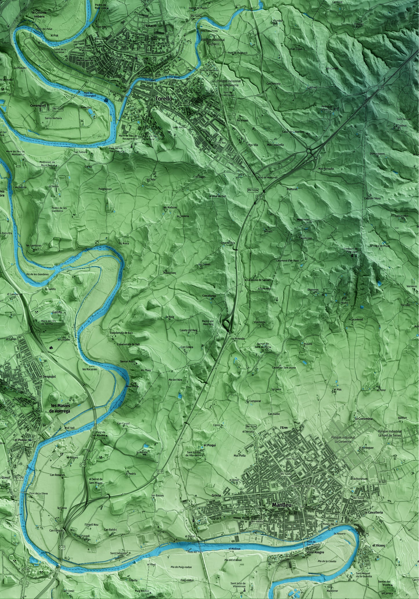 Mapa artístico del relieve de Orís, a Osona, con 15 km de entorno y base topográfica ICGC. Detalle de la zona inferior derecha.