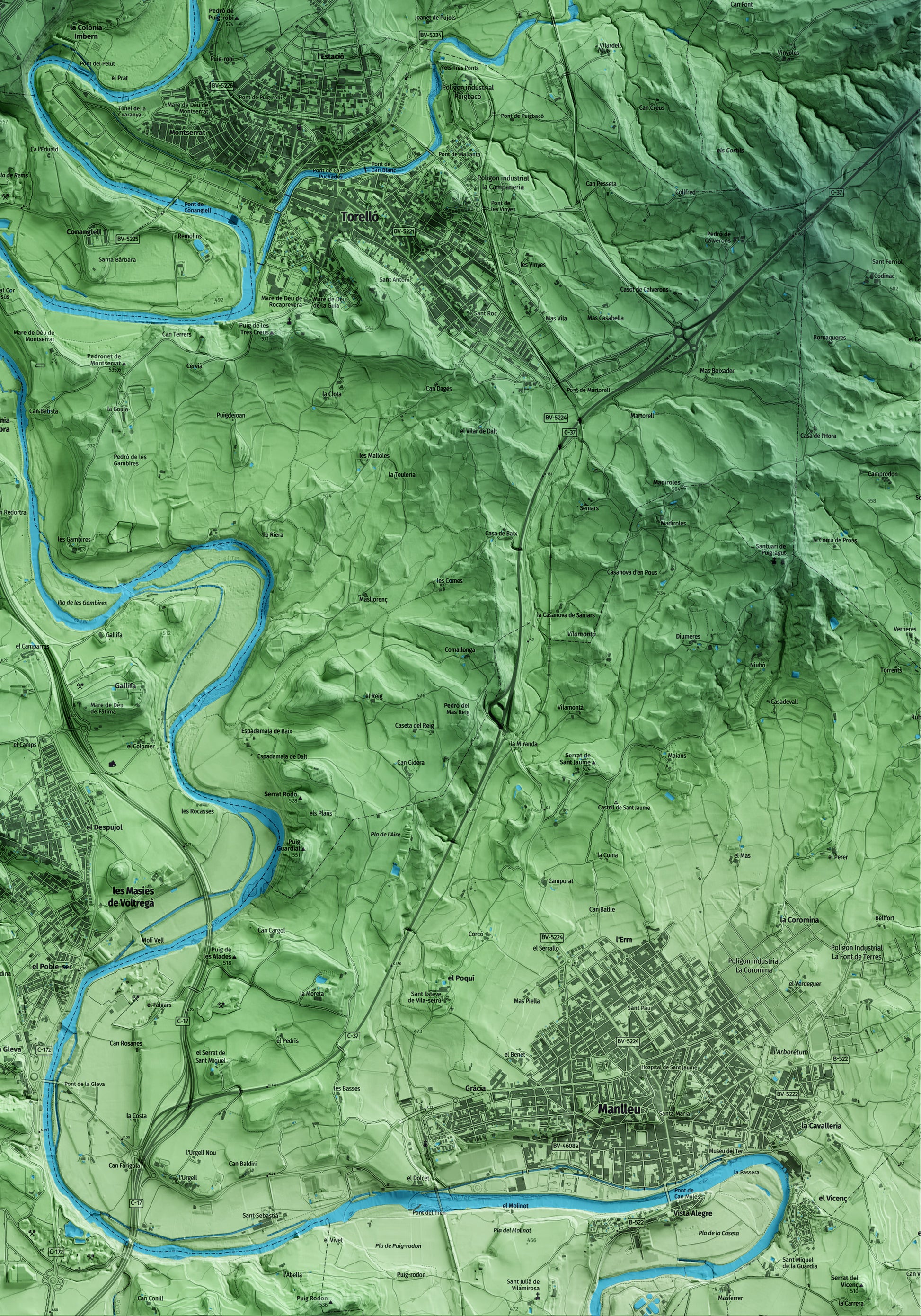 Mapa artístico del relieve de Orís, a Osona, con 15 km de entorno y base topográfica ICGC. Detalle de la zona inferior derecha.