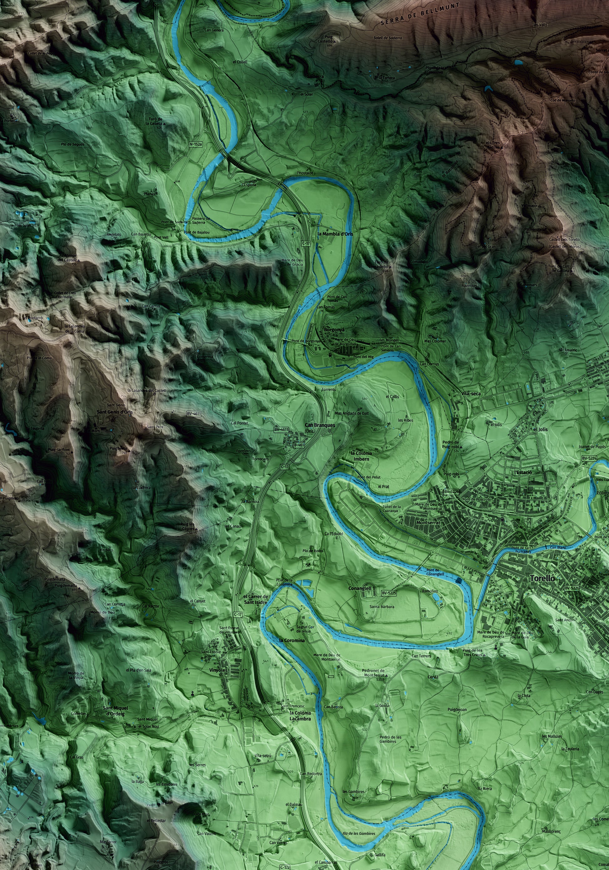 Mapa artístico del relieve de Orís, a Osona, con 15 km de entorno y base topográfica ICGC. Detalle de la zona central.