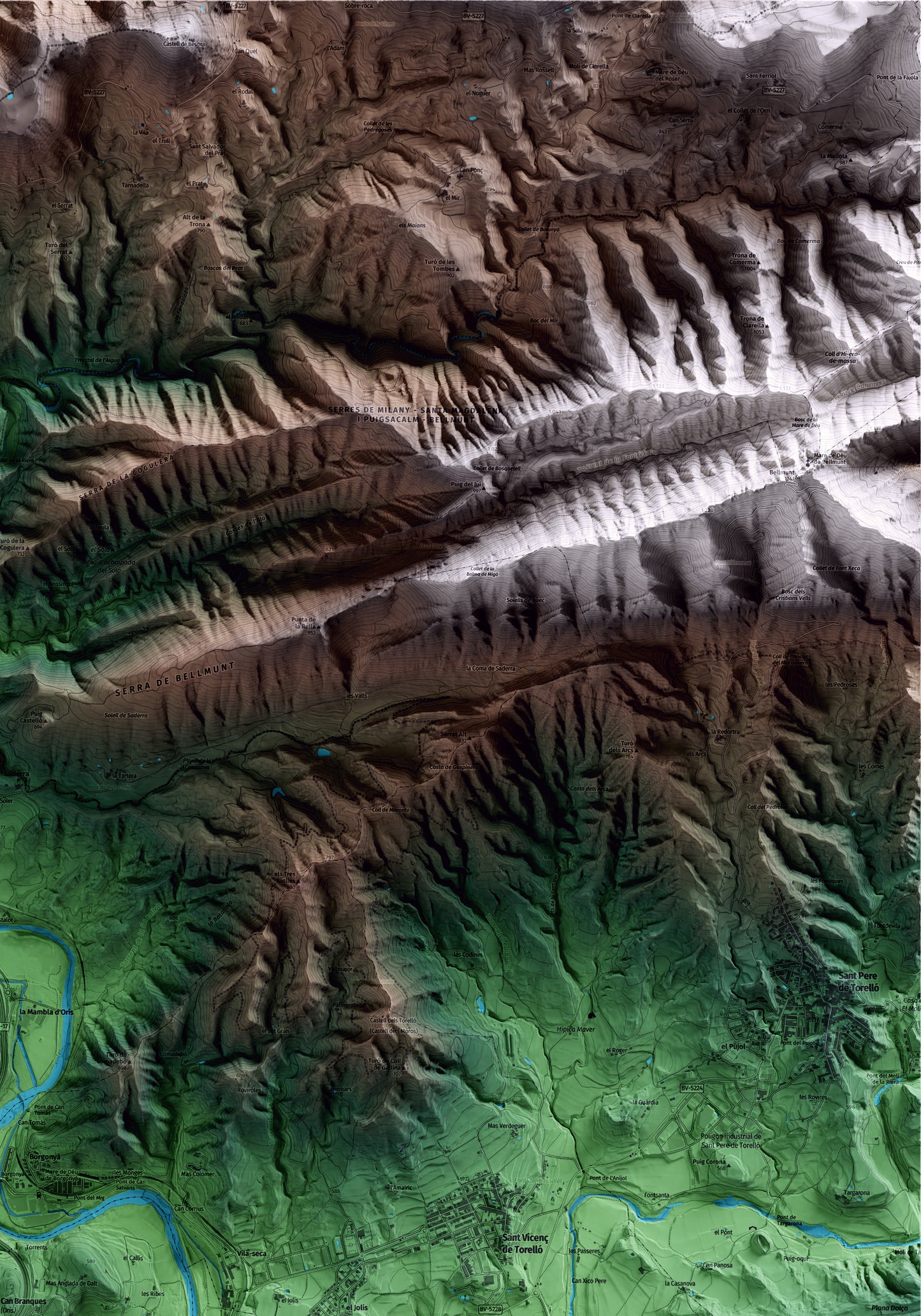 Mapa artístico del relieve de Orís, a Osona, con 15 km de entorno y base topográfica ICGC. Detalle de la zona superior derecha.