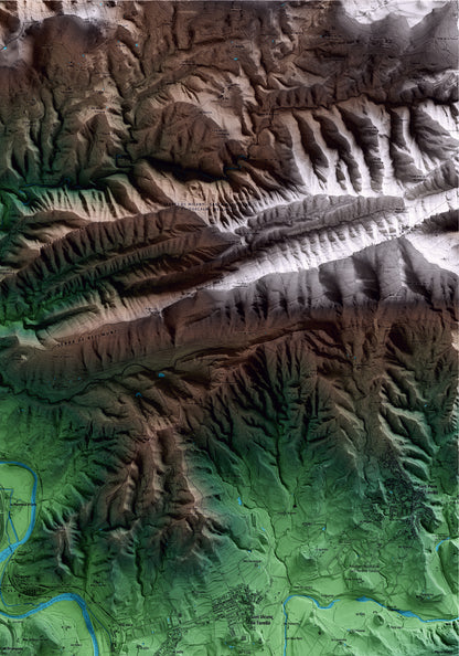 Mapa artístico del relieve de Orís, a Osona, con 15 km de entorno y base topográfica ICGC. Detalle de la zona superior derecha.