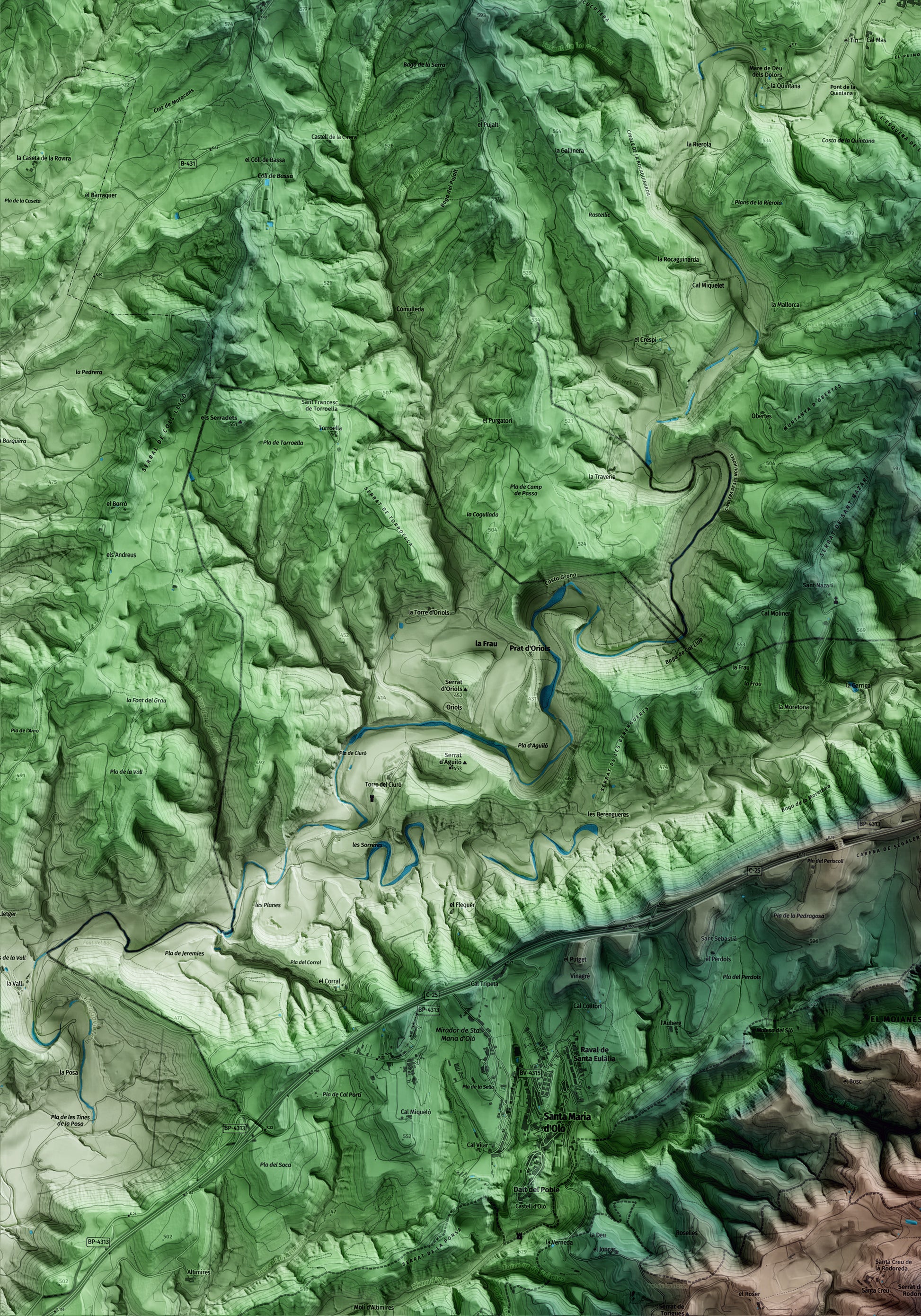Mapa artístico del relieve de Oristà, al Lluçanès, con 15 km de entorno y base topográfica ICGC. Detalle de la zona inferior izquierda.