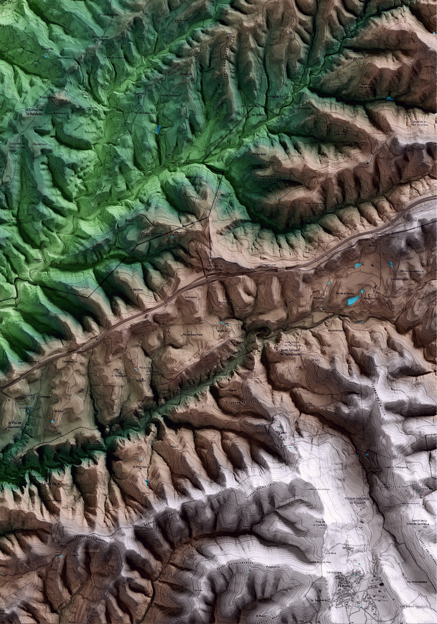 Mapa artístico del relieve de Oristà, al Lluçanès, con 15 km de entorno y base topográfica ICGC. Detalle de la zona inferior derecha.