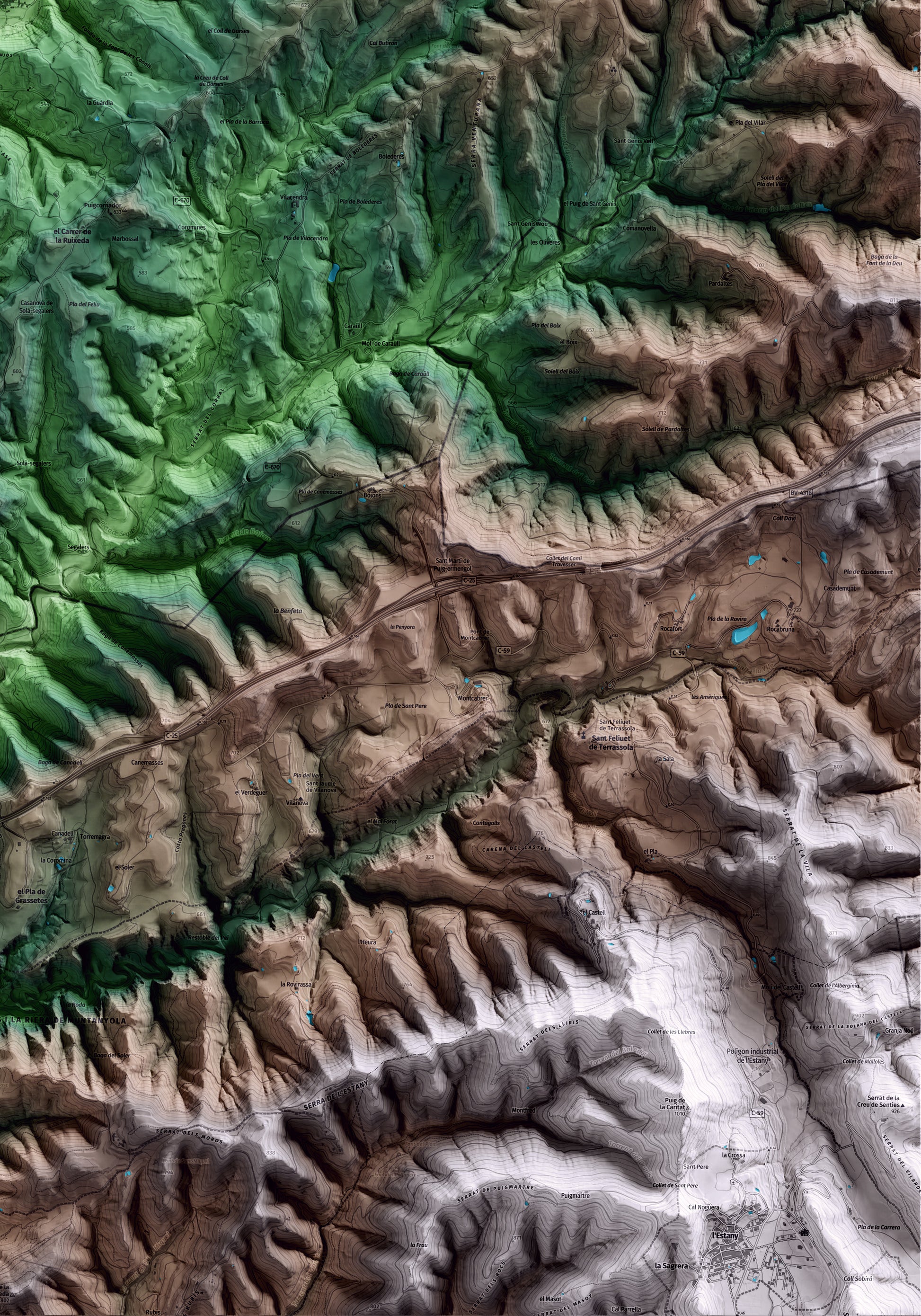 Mapa artístico del relieve de Oristà, al Lluçanès, con 15 km de entorno y base topográfica ICGC. Detalle de la zona inferior derecha.