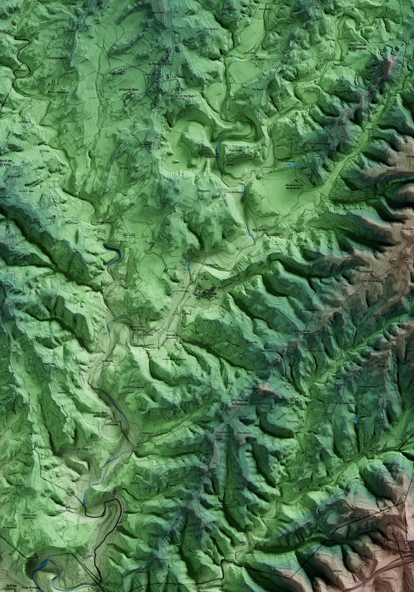 Mapa artístico del relieve de Oristà, al Lluçanès, con 15 km de entorno y base topográfica ICGC. Detalle de la zona central.