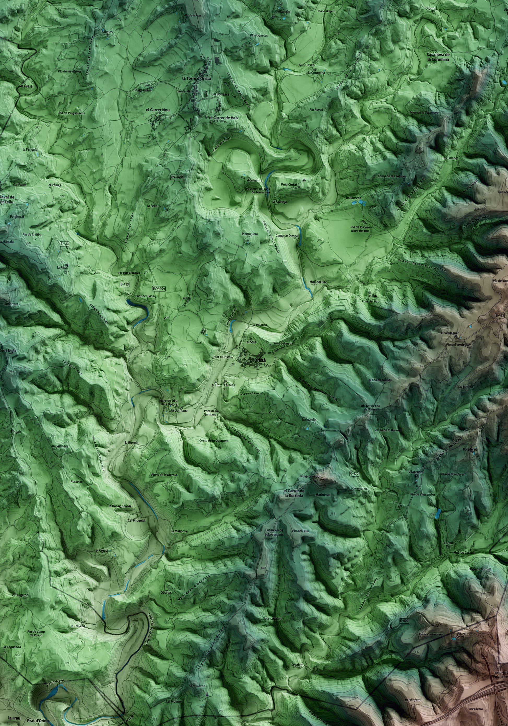 Mapa artístico del relieve de Oristà, al Lluçanès, con 15 km de entorno y base topográfica ICGC. Detalle de la zona central.