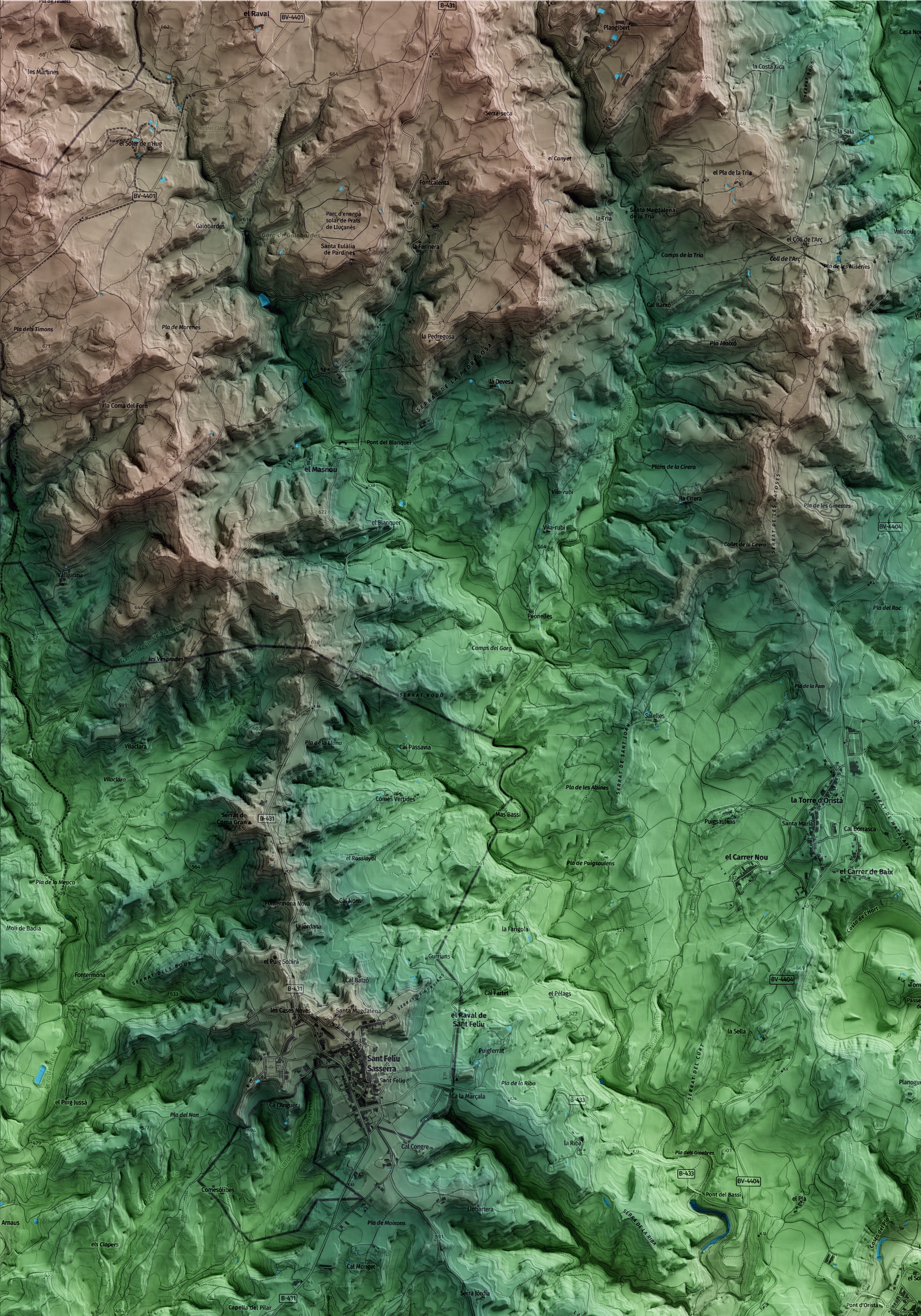 Mapa artístico del relieve de Oristà, al Lluçanès, con 15 km de entorno y base topográfica ICGC. Detalle de la zona superior izquierda.