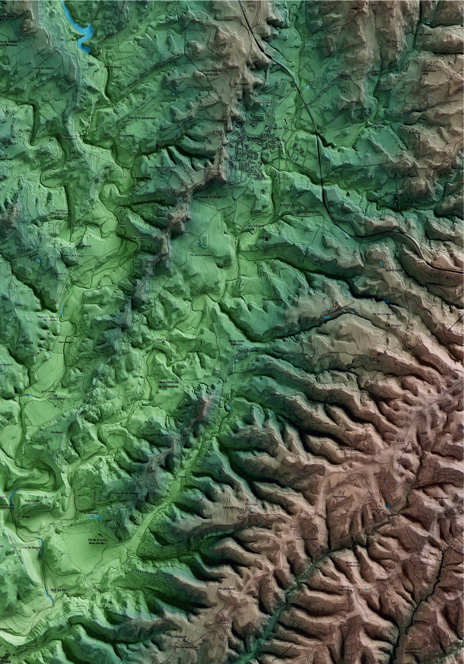 Mapa artístico del relieve de Oristà, al Lluçanès, con 15 km de entorno y base topográfica ICGC. Detalle de la zona superior derecha.