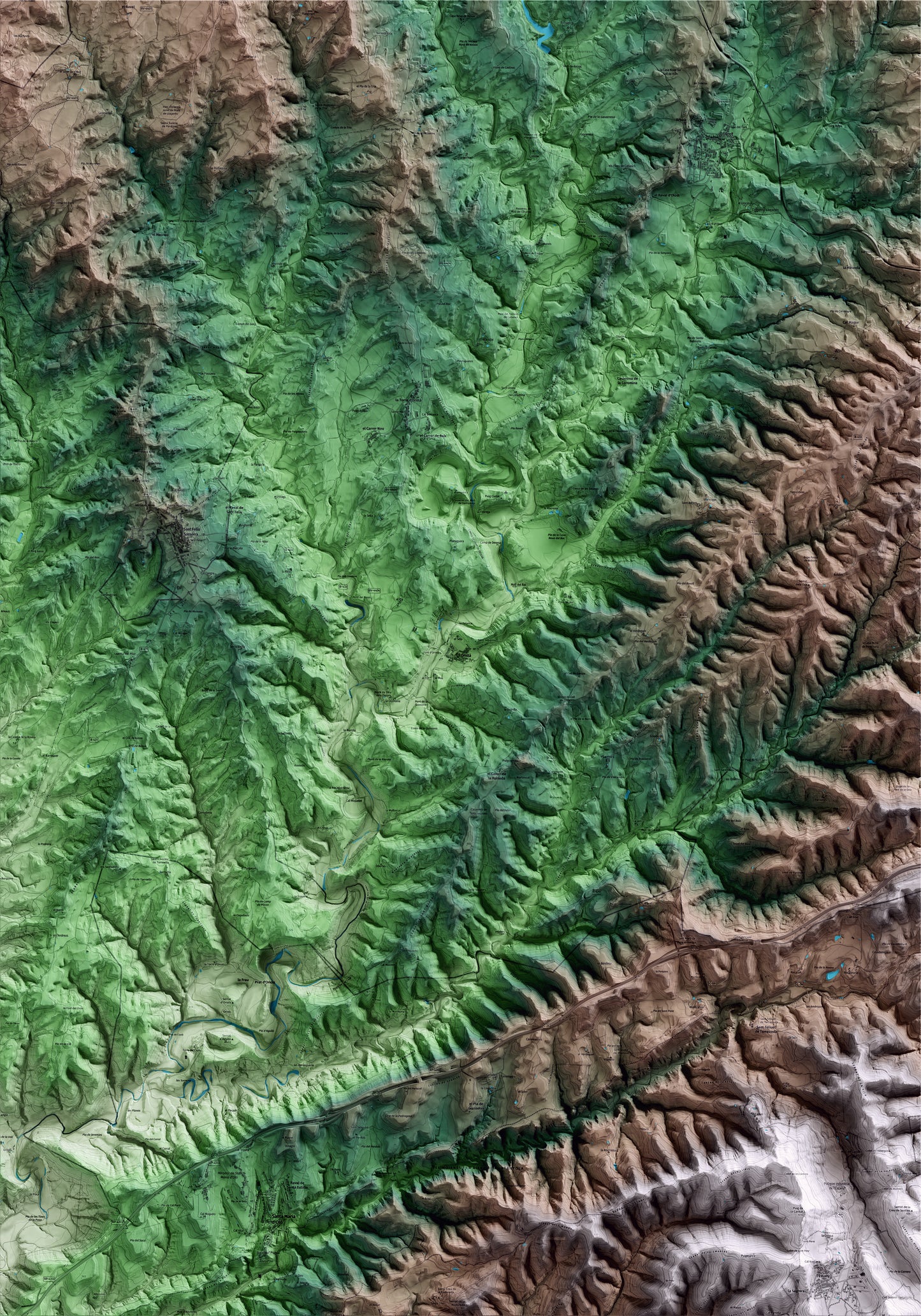 Mapa artístico del relieve de Oristà, al Lluçanès, con 15 km de entorno y base topográfica ICGC