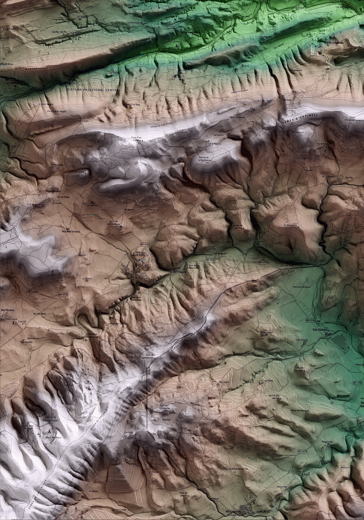 Mapa artístico del relieve de Orpí, al Anoia, con 15 km de entorno y base topográfica ICGC. Detalle de la zona inferior izquierda.