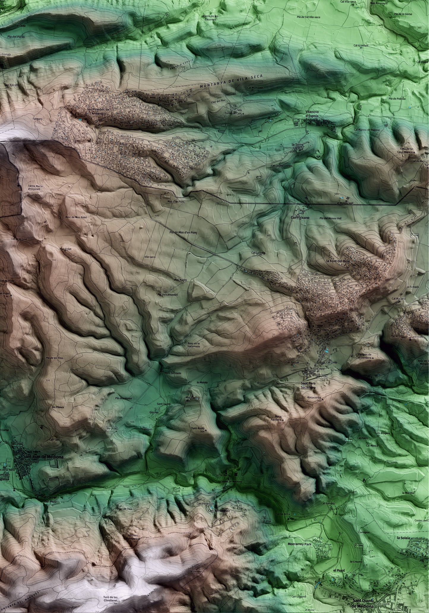 Mapa artístico del relieve de Orpí, al Anoia, con 15 km de entorno y base topográfica ICGC. Detalle de la zona inferior derecha.