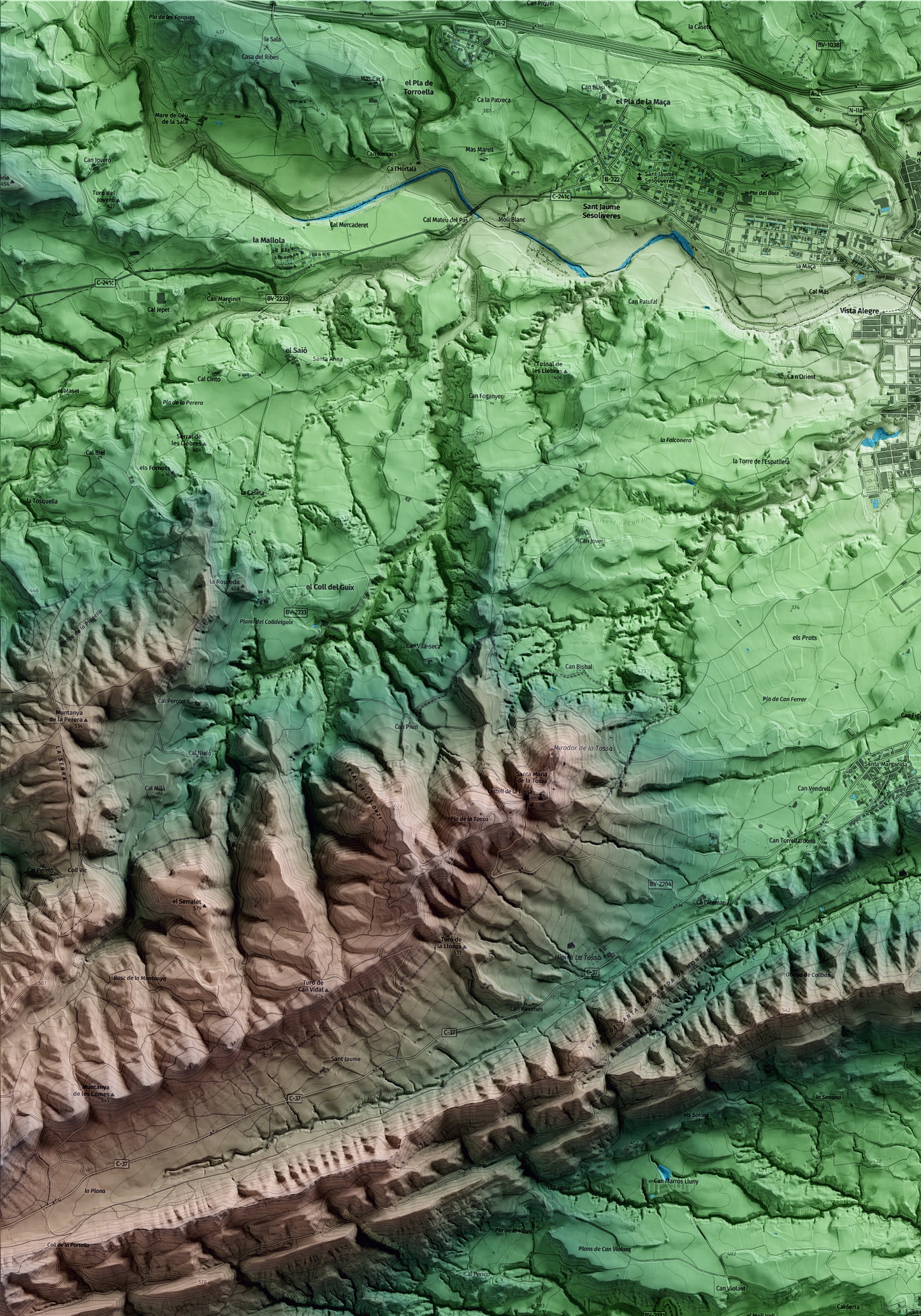 Mapa artístico del relieve de Orpí, al Anoia, con 15 km de entorno y base topográfica ICGC. Detalle de la zona superior izquierda.