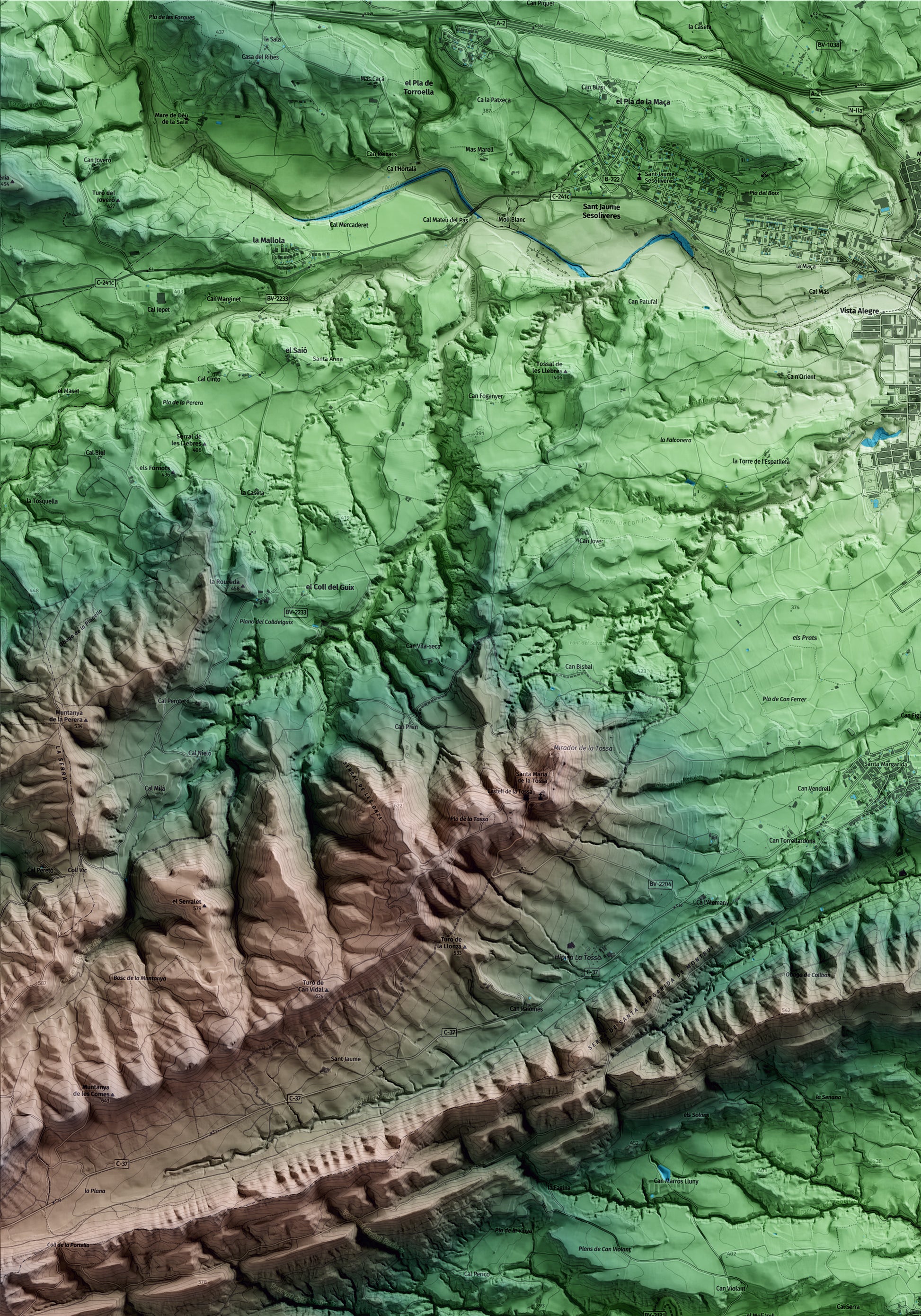 Mapa artístico del relieve de Orpí, al Anoia, con 15 km de entorno y base topográfica ICGC. Detalle de la zona superior izquierda.