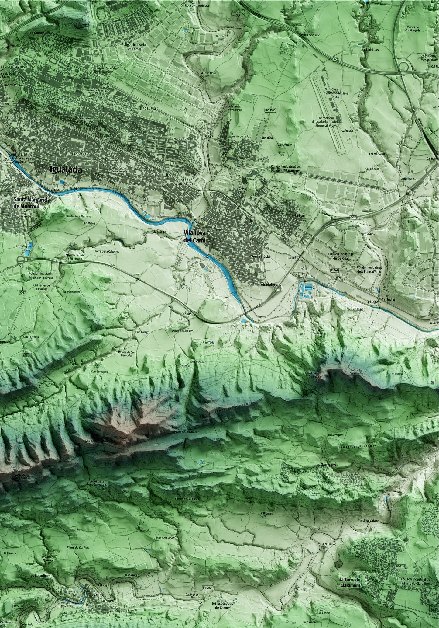 Mapa artístico del relieve de Orpí, al Anoia, con 15 km de entorno y base topográfica ICGC. Detalle de la zona superior derecha.