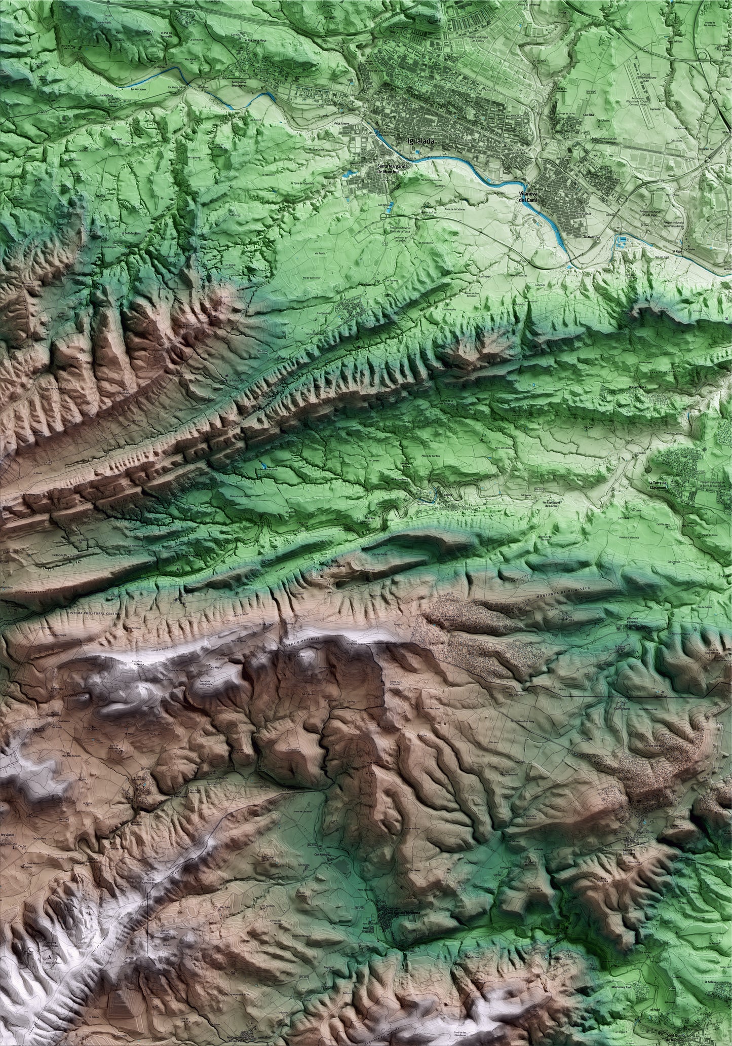 Mapa artístico del relieve de Orpí, al Anoia, con 15 km de entorno y base topográfica ICGC
