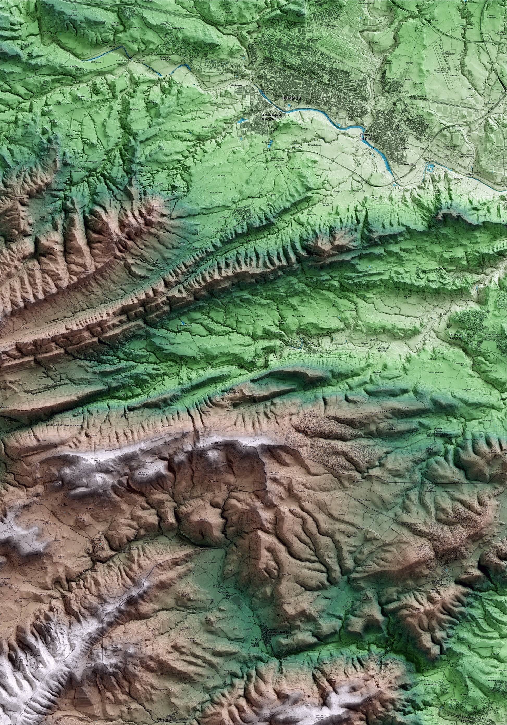 Mapa artístico del relieve de Orpí, al Anoia, con 15 km de entorno y base topográfica ICGC