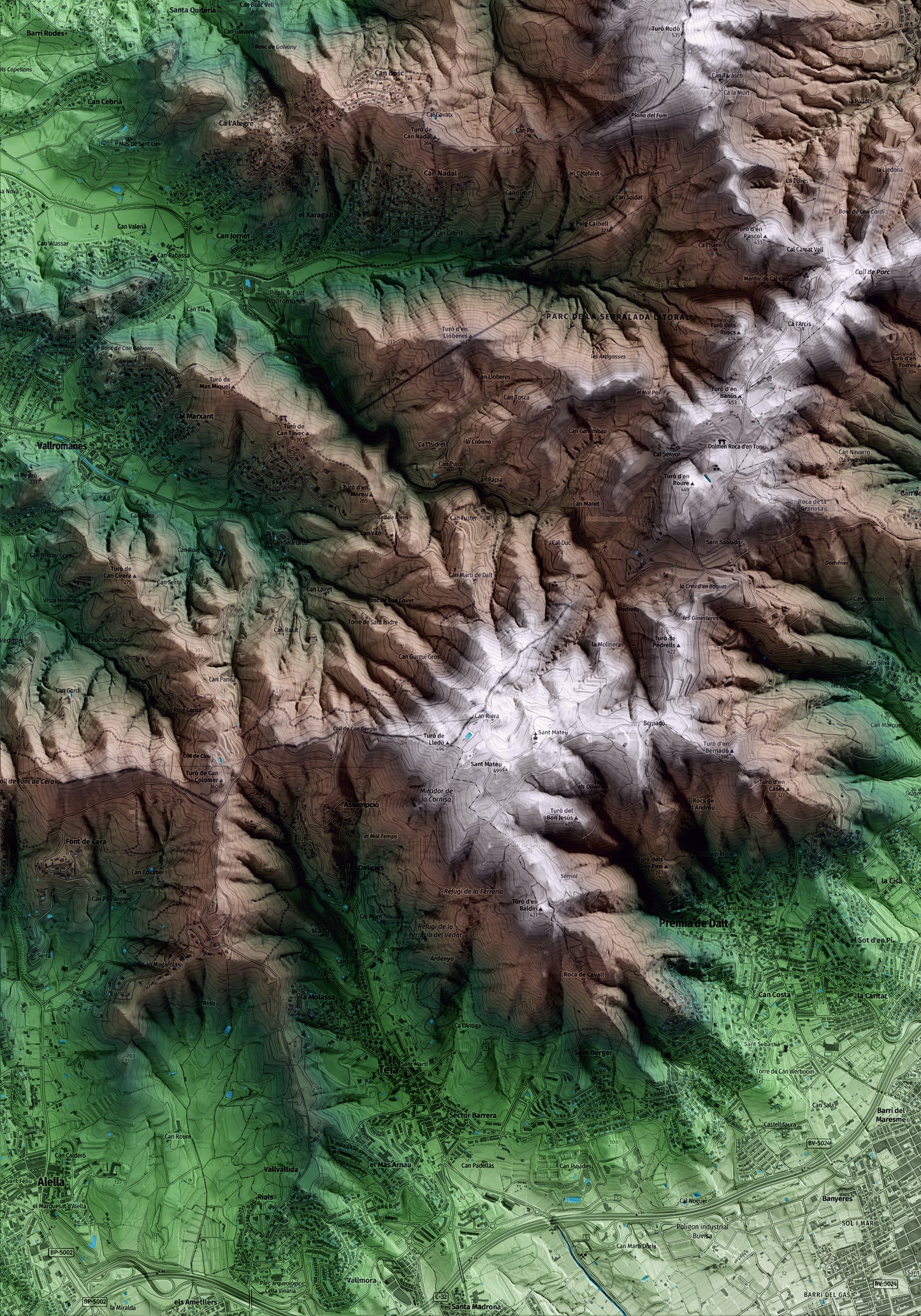 Mapa artístico del relieve de Òrrius, al Maresme, con 15 km de entorno y base topográfica ICGC. Detalle de la zona inferior izquierda.