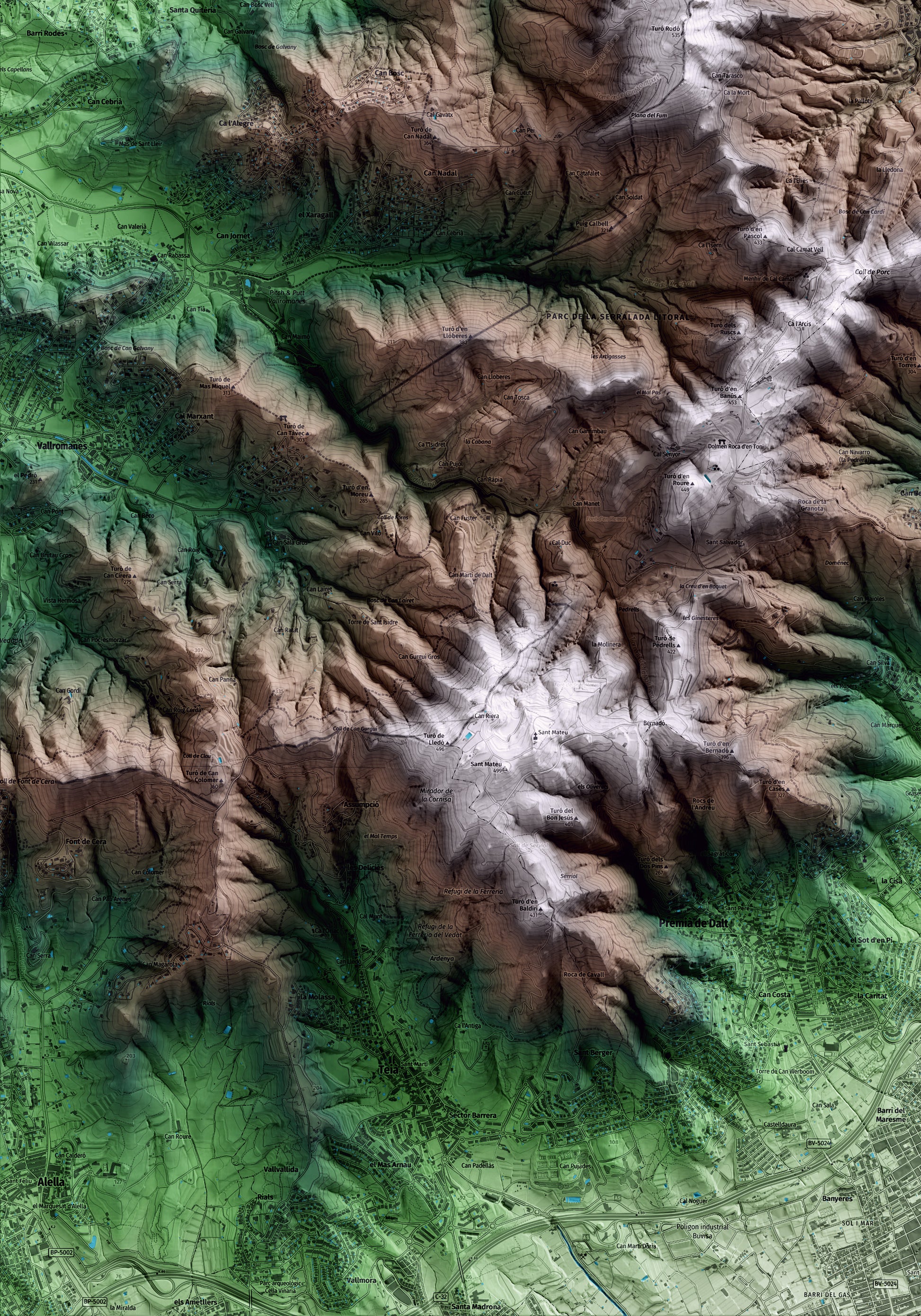Mapa artístico del relieve de Òrrius, al Maresme, con 15 km de entorno y base topográfica ICGC. Detalle de la zona inferior izquierda.