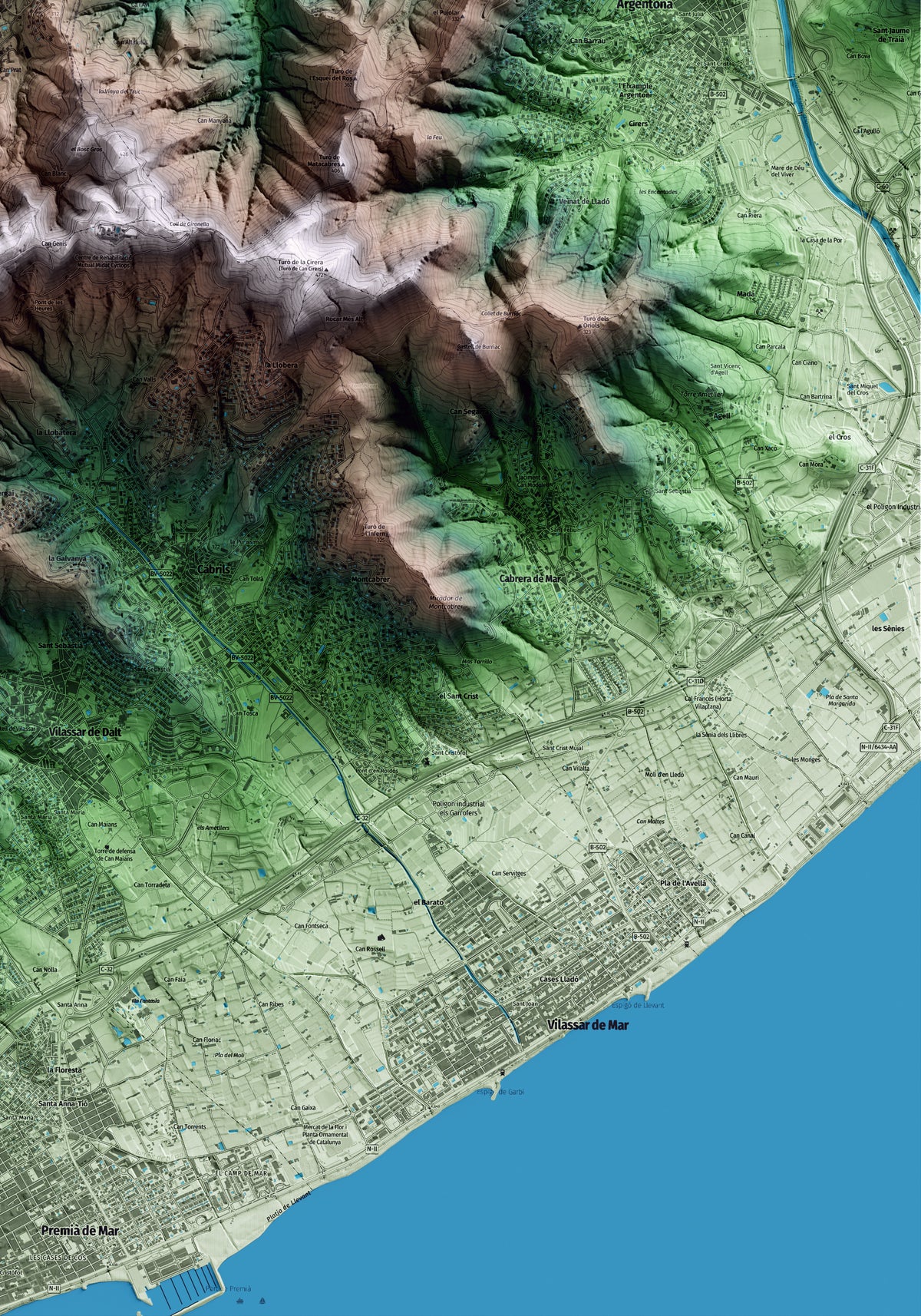 Mapa artístico del relieve de Òrrius, al Maresme, con 15 km de entorno y base topográfica ICGC. Detalle de la zona inferior derecha.