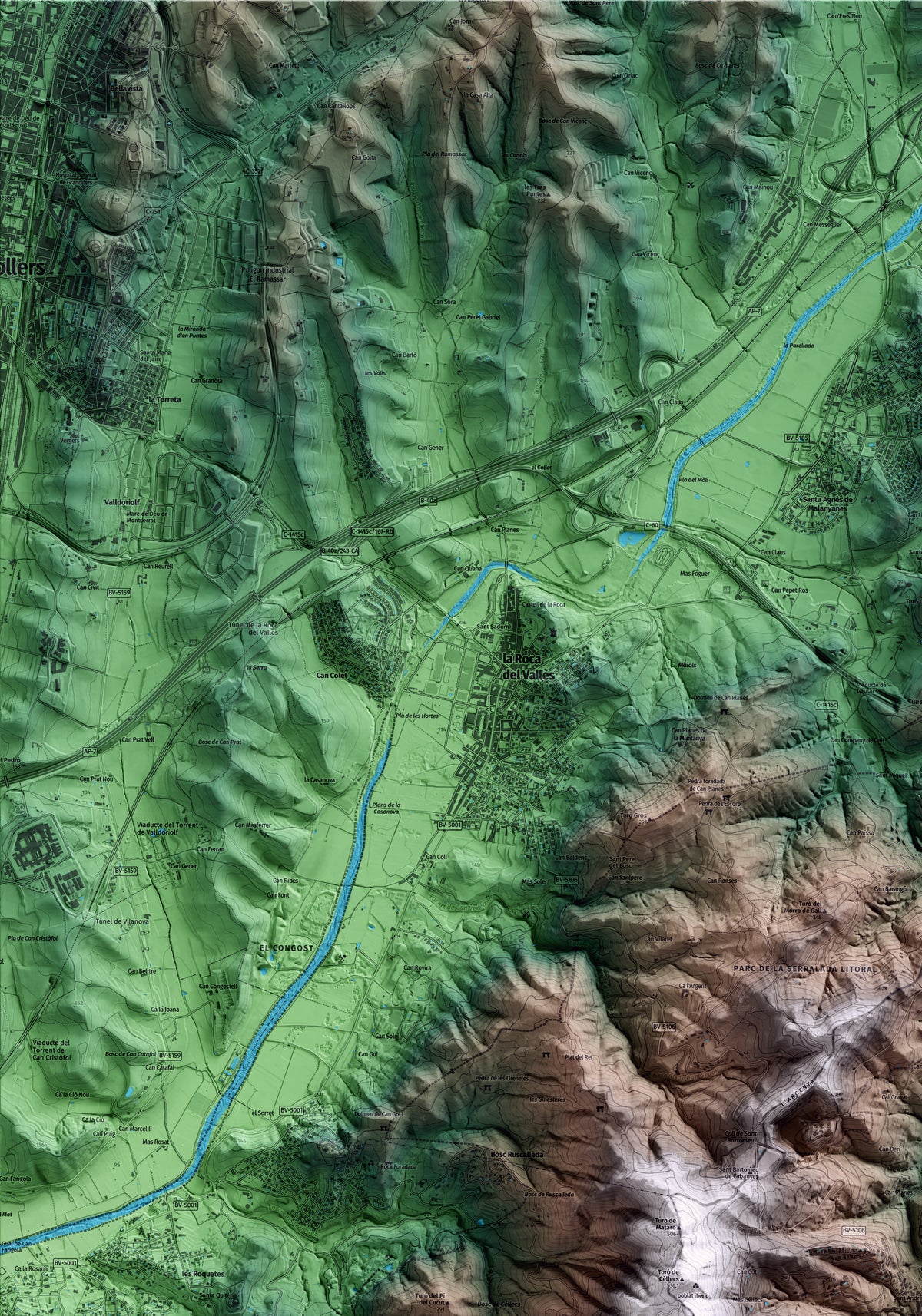 Mapa artístico del relieve de Òrrius, al Maresme, con 15 km de entorno y base topográfica ICGC. Detalle de la zona superior izquierda.